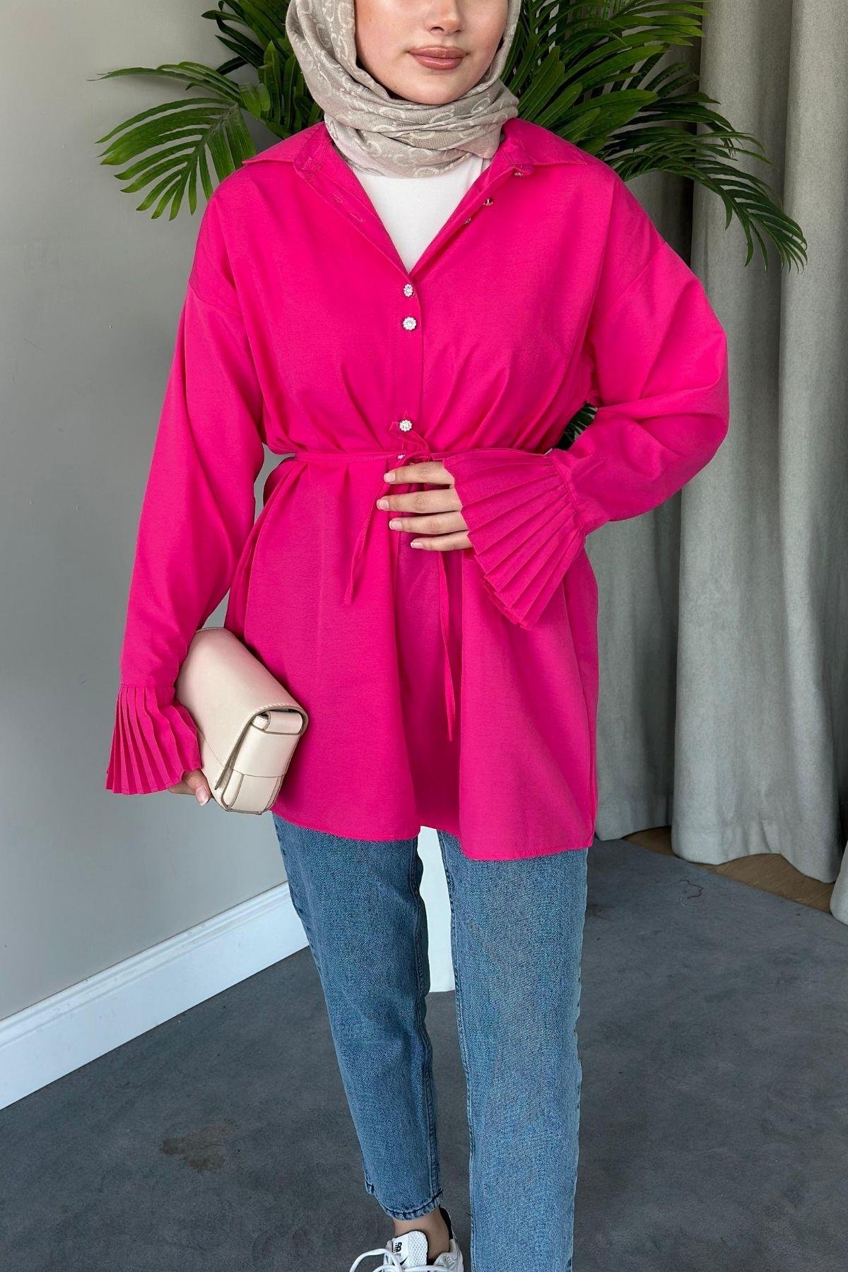 Piliseli Poplin Gömlek Fuşya, Fiyatları 