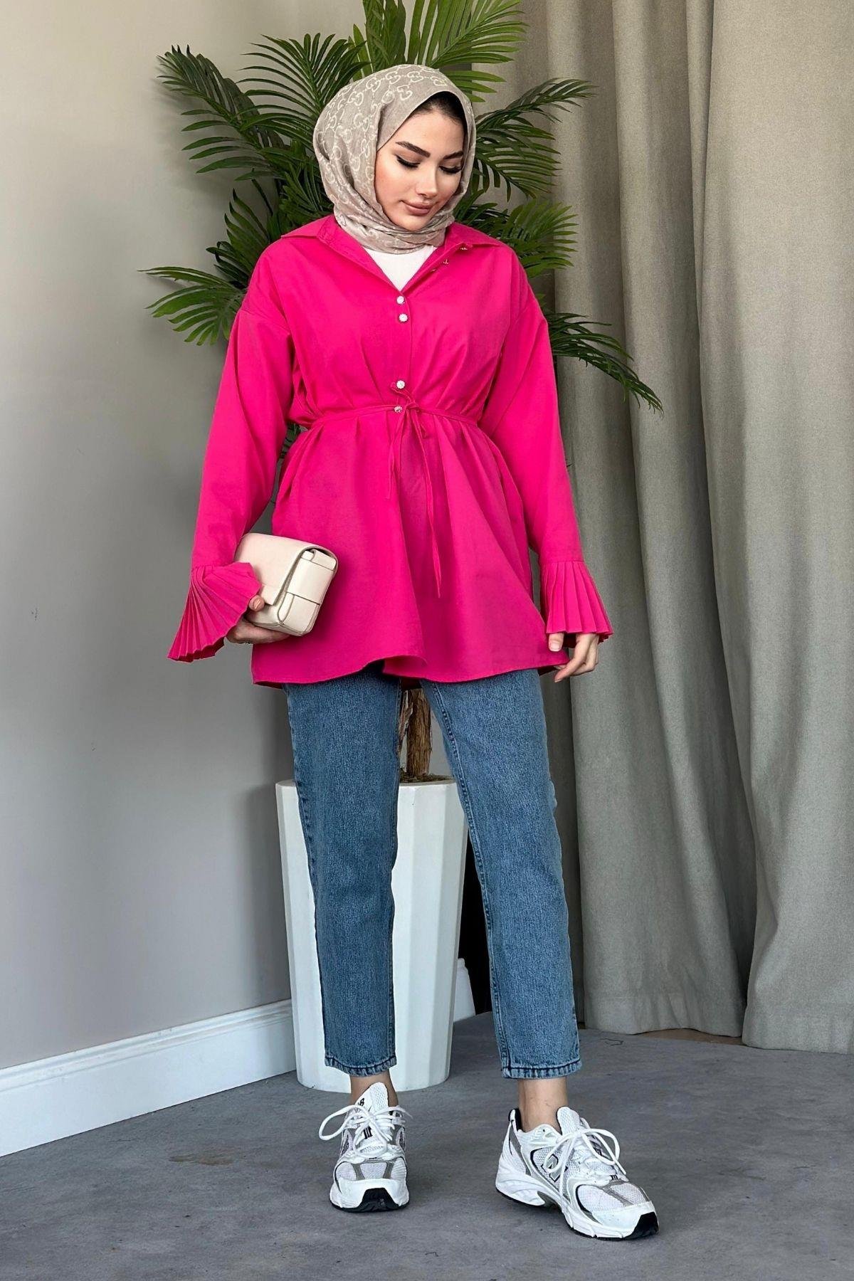 Piliseli Poplin Gömlek Fuşya, Fiyatları 