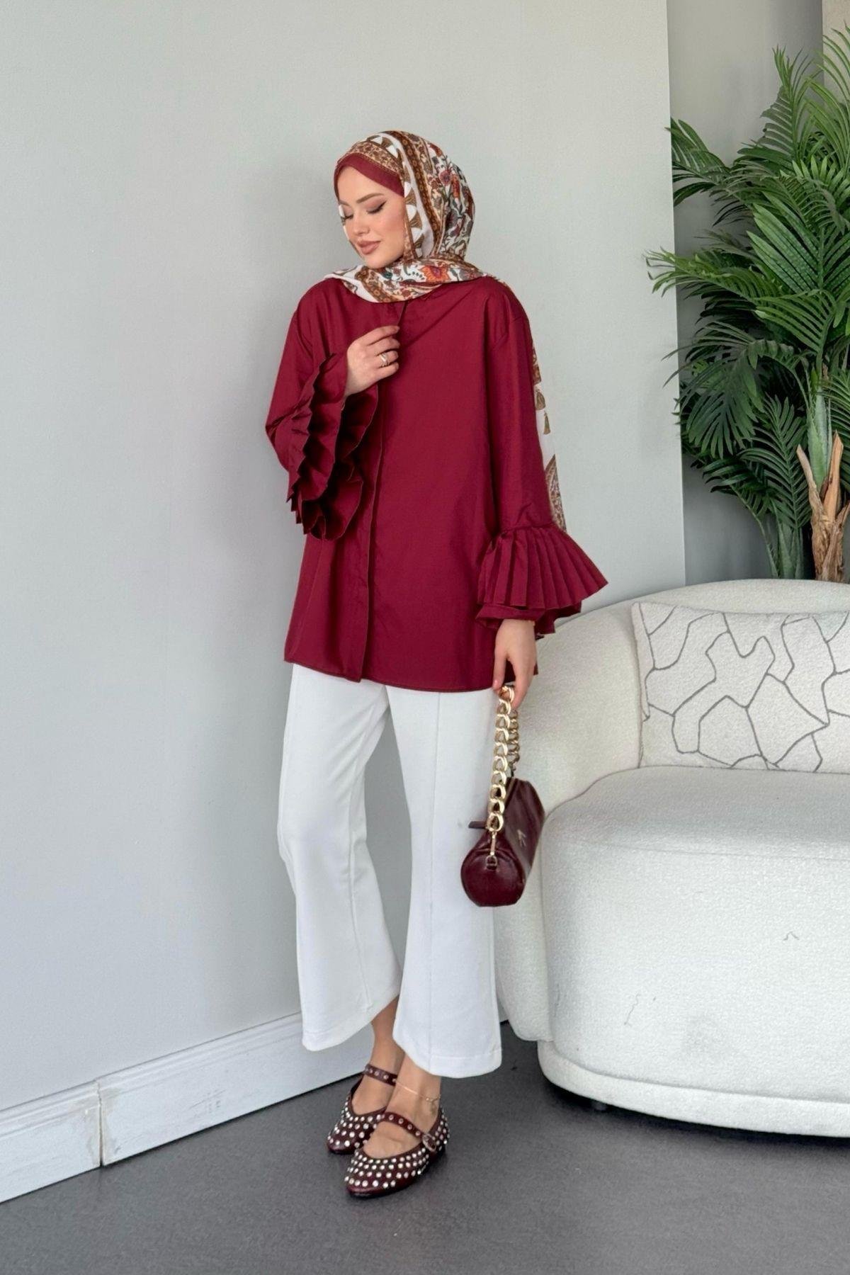 Kolu Piliseli Uzun Gömlek Bordo, Fiyatları 