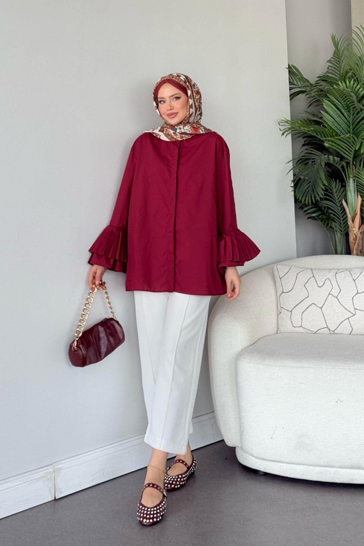 Kolu Piliseli Uzun Gömlek Bordo, Fiyatları 