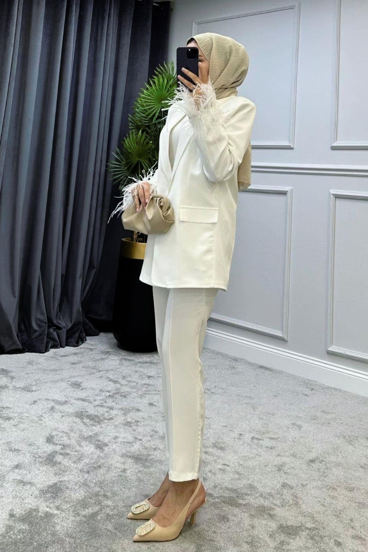 Kolu Tüylü Blazer Takım Beyaz, Fiyatları 