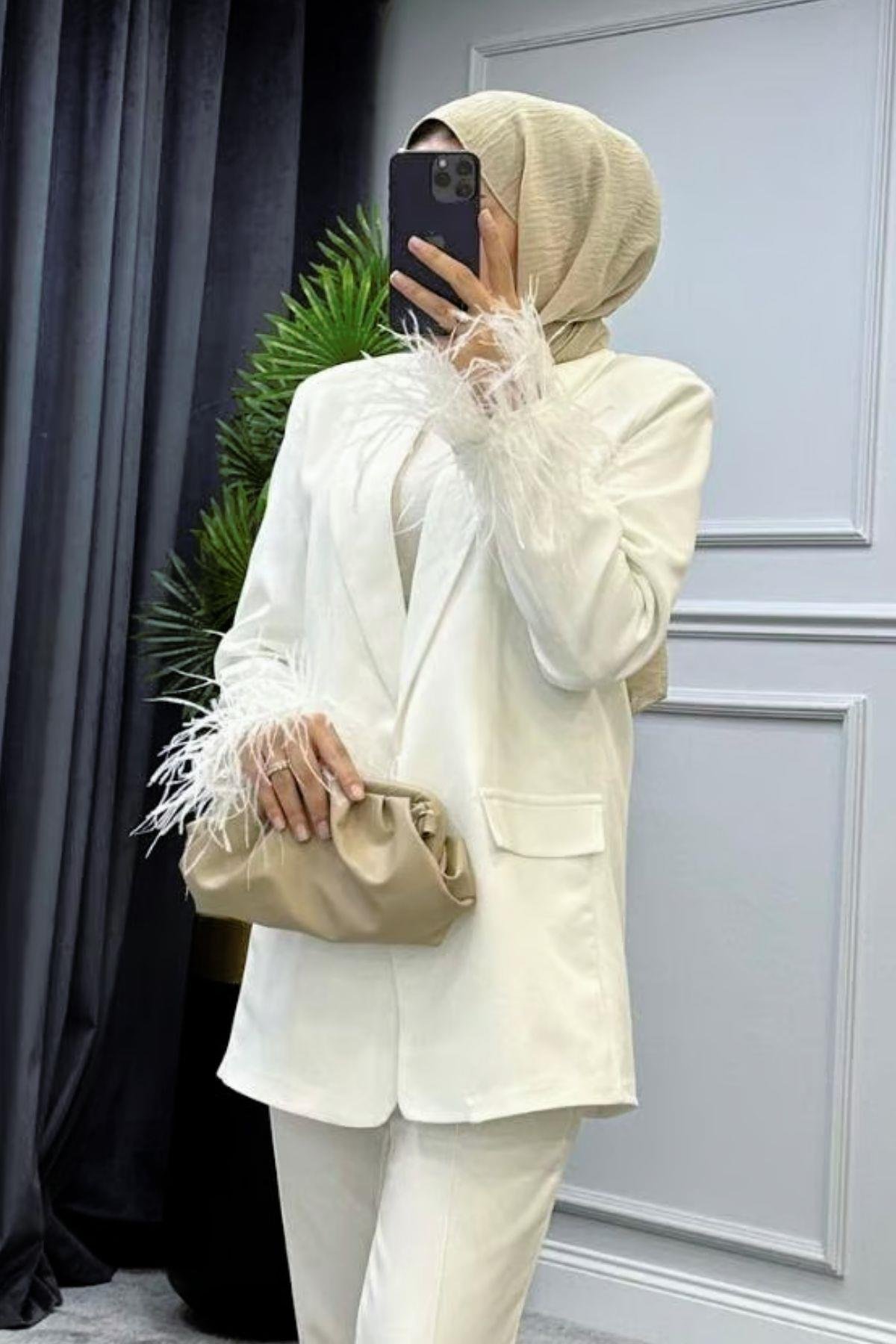 Kolu Tüylü Blazer Takım Beyaz, Fiyatları 