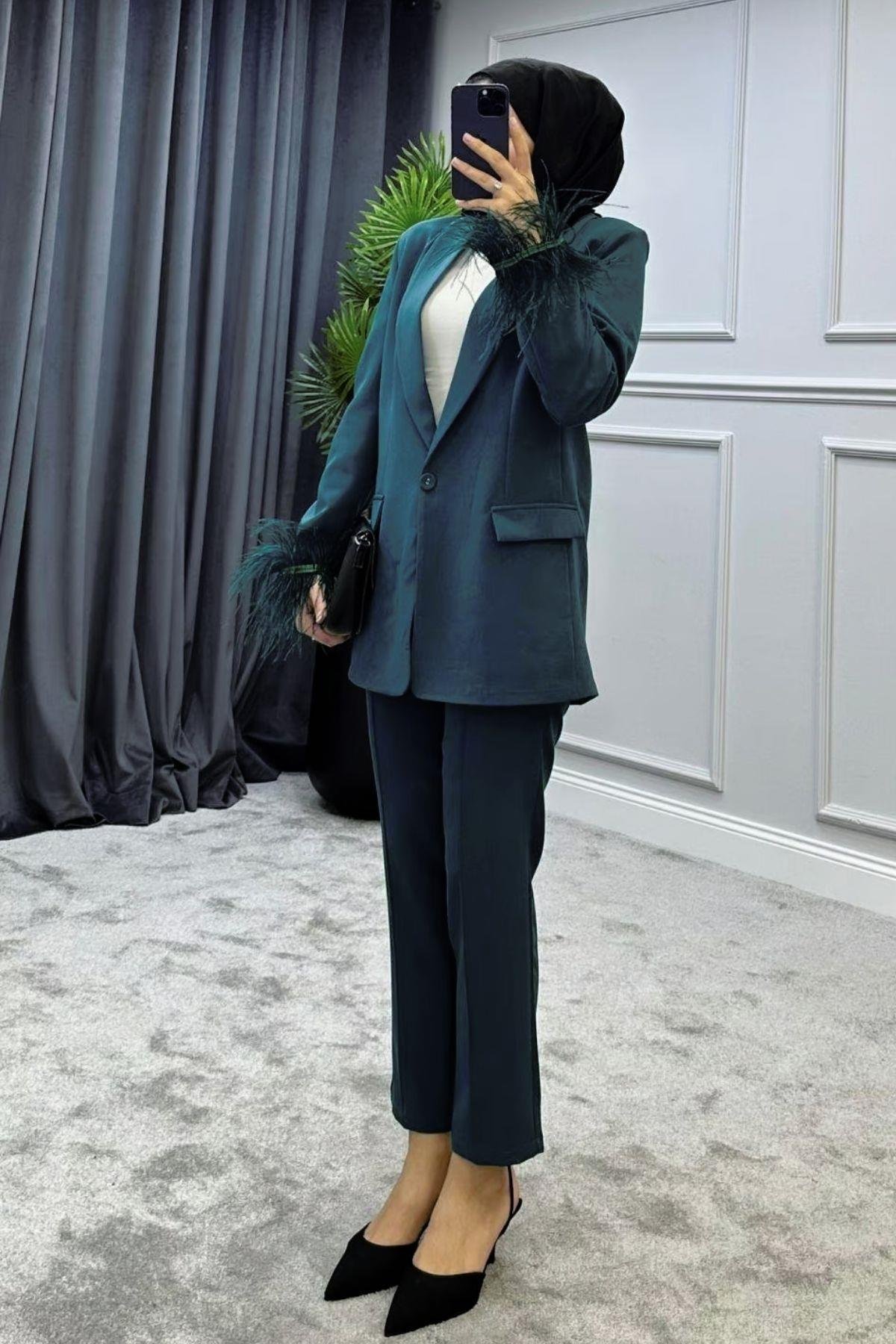 Kolu Tüylü Blazer Takım Zümrüt, Fiyatları 
