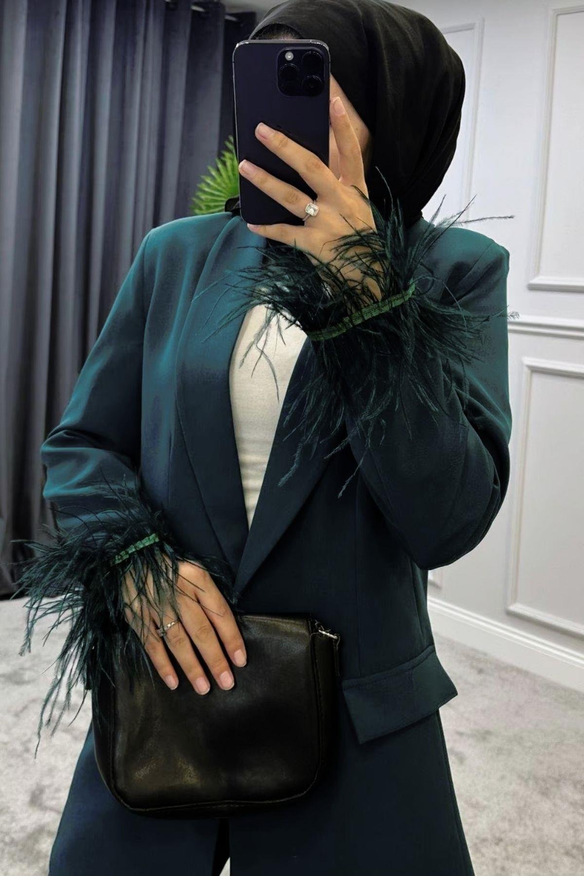 Kolu Tüylü Blazer Takım Zümrüt, Fiyatları 