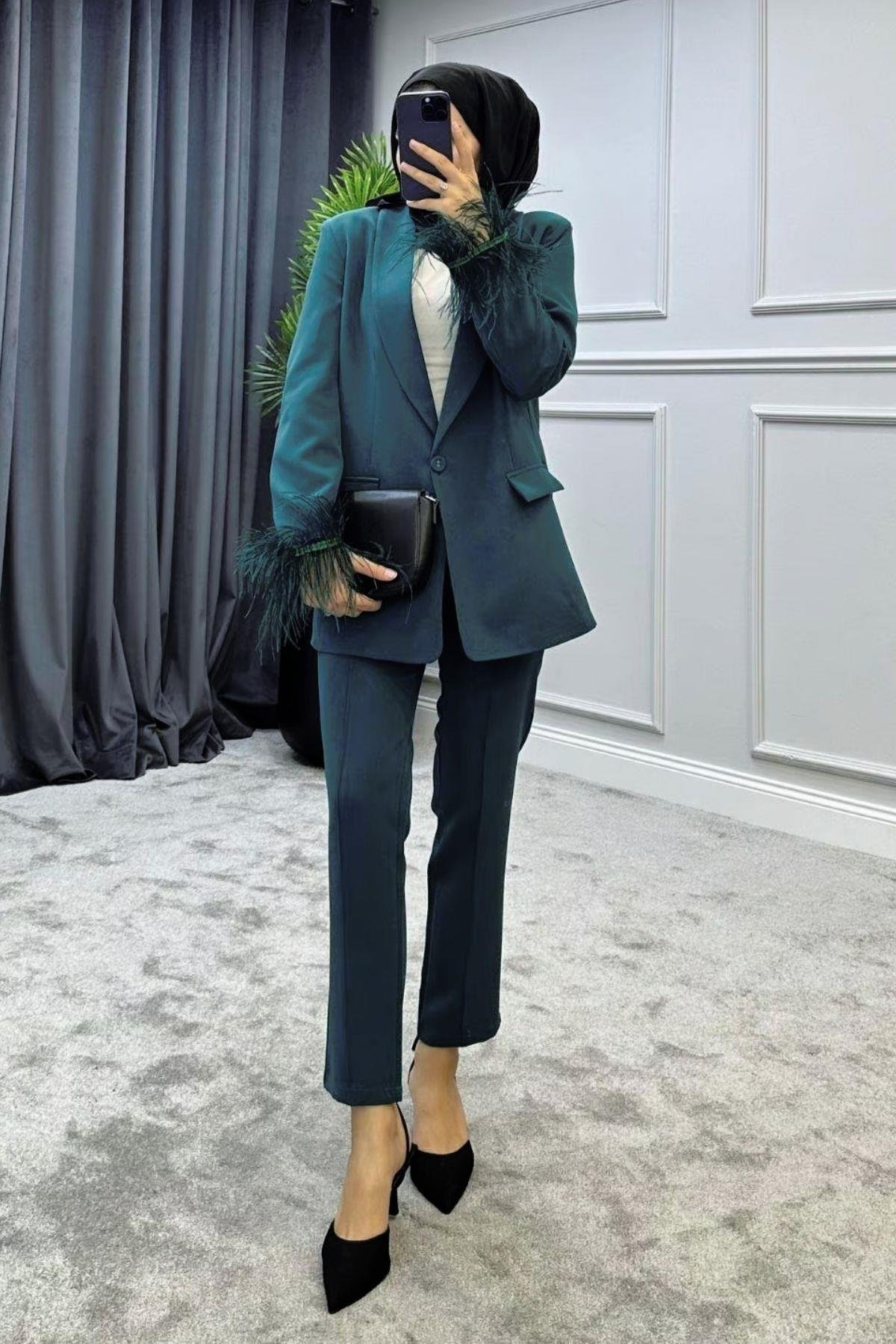 Kolu Tüylü Blazer Takım Zümrüt, Fiyatları 