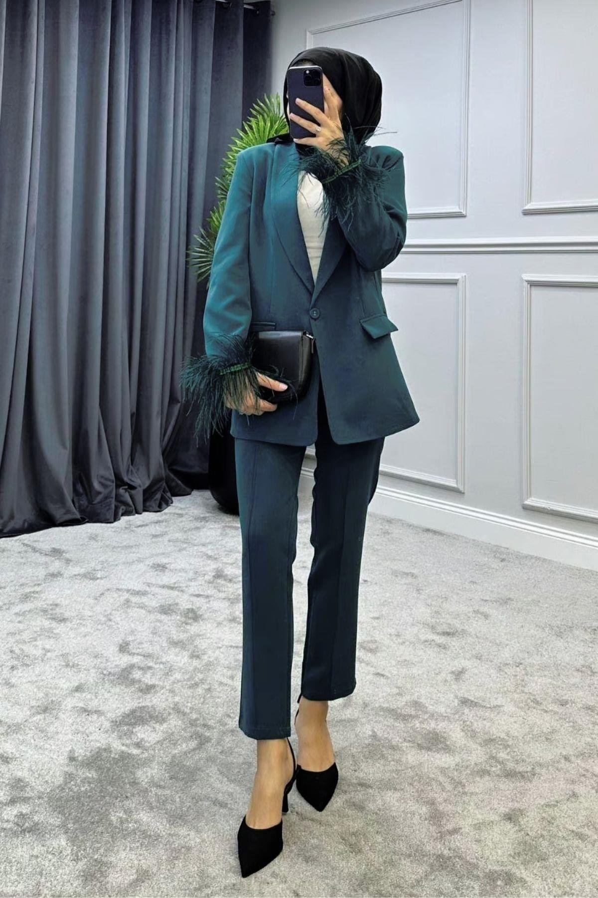 Kolu Tüylü Blazer Takım Zümrüt, Fiyatları 