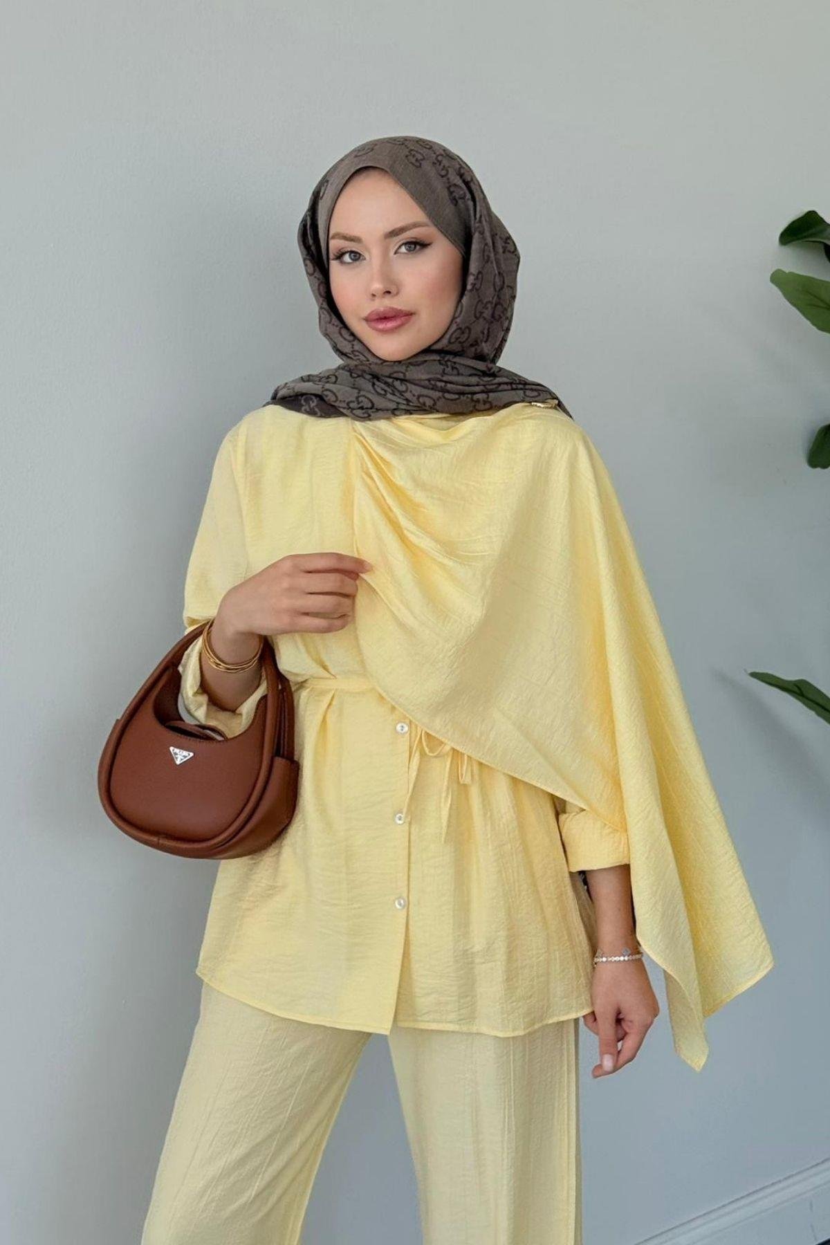 Kösem Şal Detaylı Takım Sarı, Fiyatları Kösem Şal Detaylı Takım Sarı- Haza Moda 