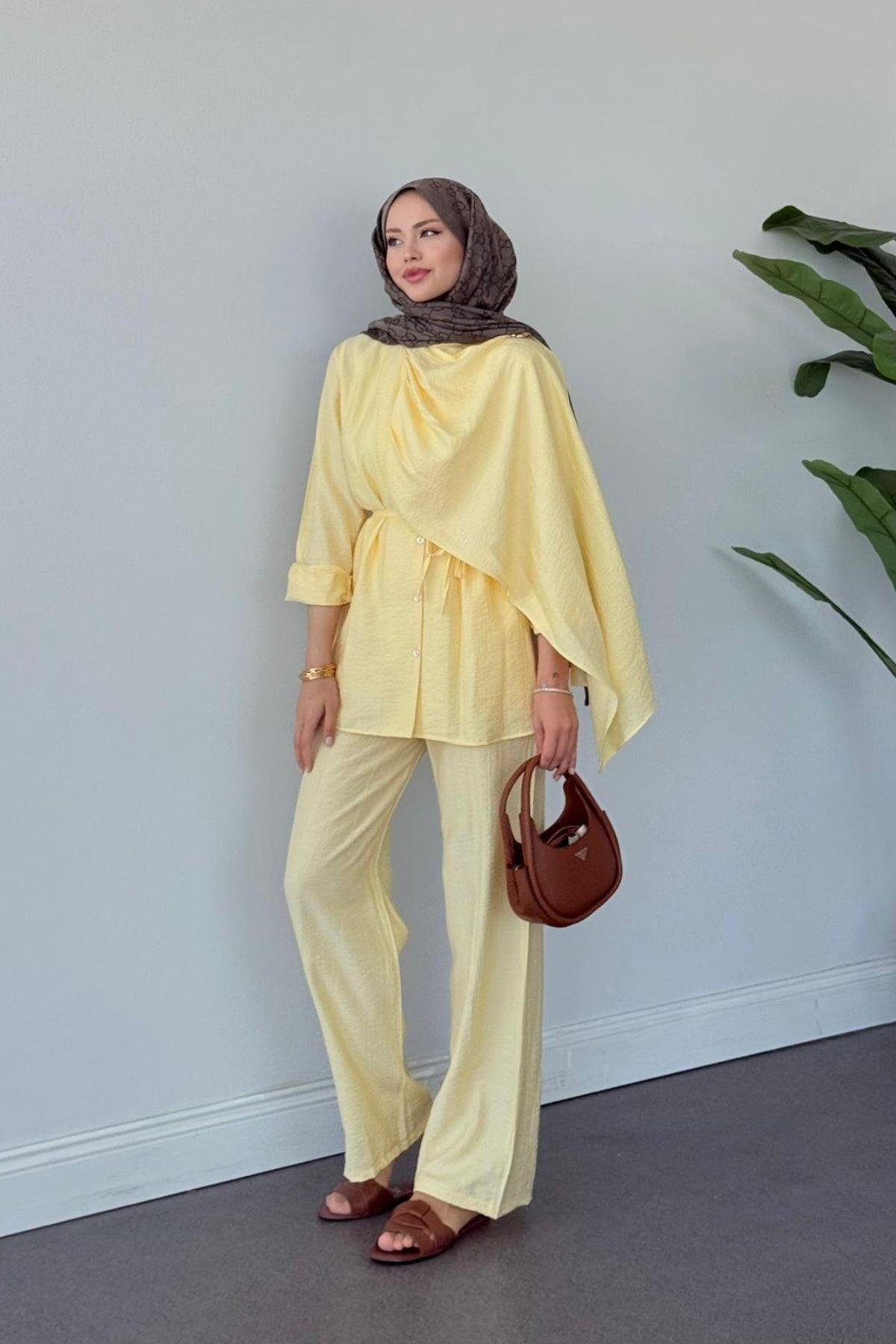Kösem Şal Detaylı Takım Sarı, Fiyatları Kösem Şal Detaylı Takım Sarı- Haza Moda 