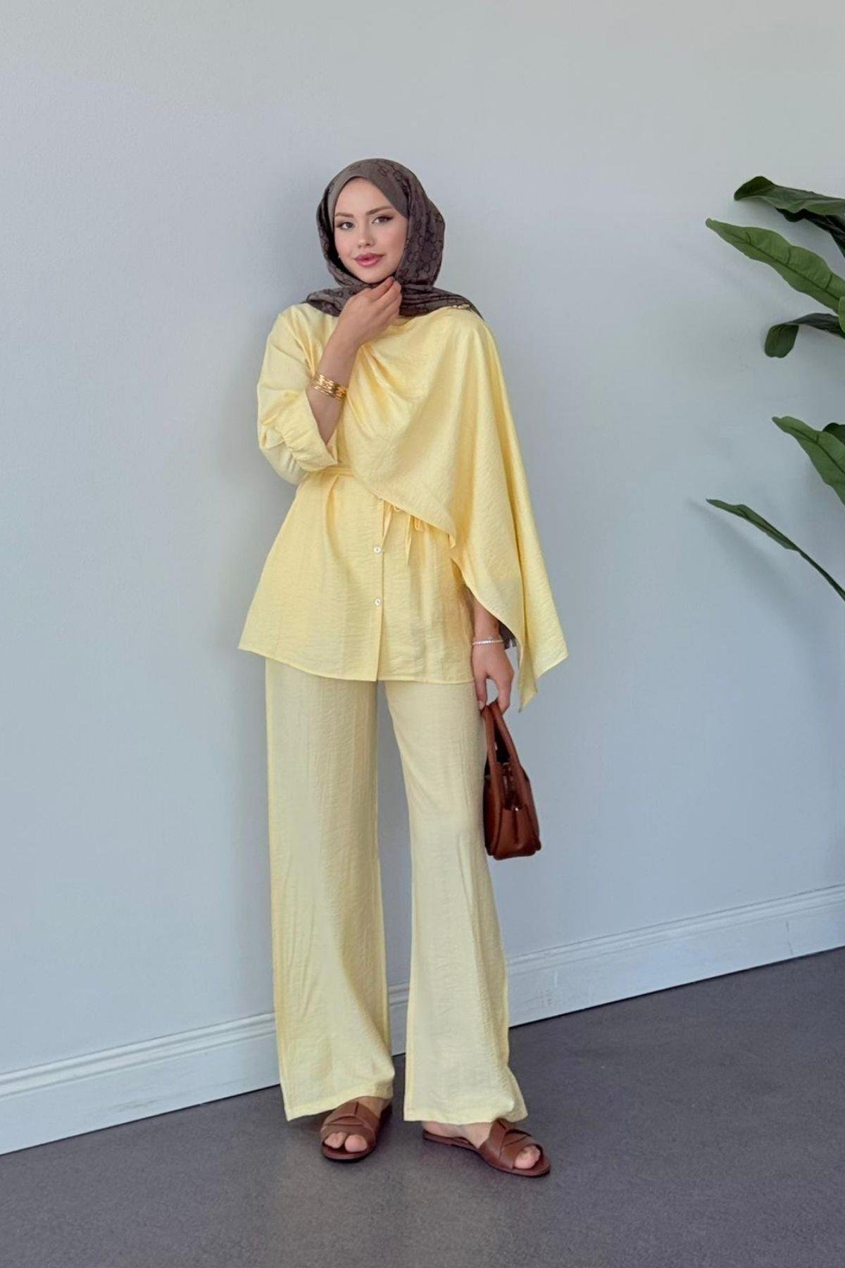 Kösem Şal Detaylı Takım Sarı, Fiyatları Kösem Şal Detaylı Takım Sarı- Haza Moda 