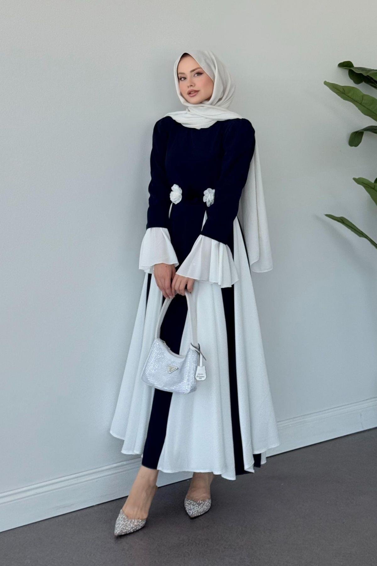 Kran Çift Renkli Elbise Lacivert, Fiyatları Kran Çift Renkli Elbise Lacivert- Haza Moda