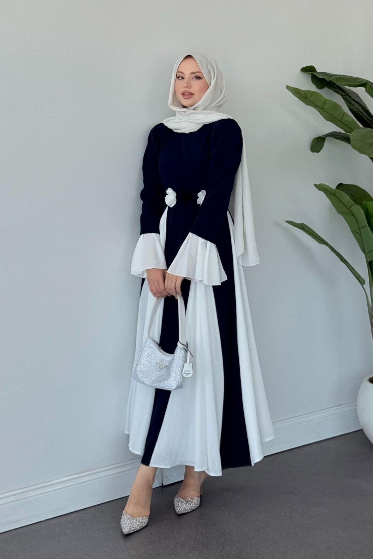 Kran Çift Renkli Elbise Lacivert, Fiyatları Kran Çift Renkli Elbise Lacivert- Haza Moda