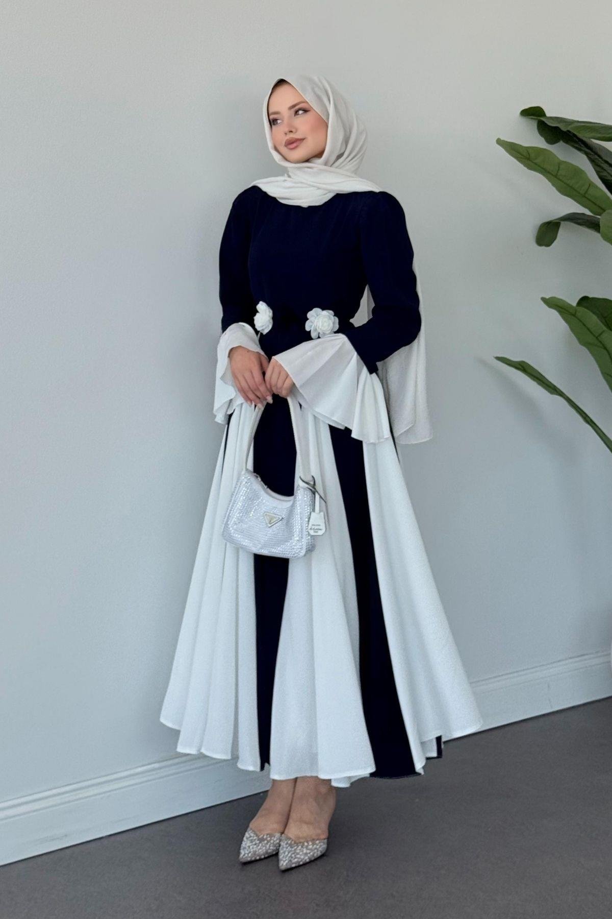 Kran Çift Renkli Elbise Lacivert, Fiyatları Kran Çift Renkli Elbise Lacivert- Haza Moda