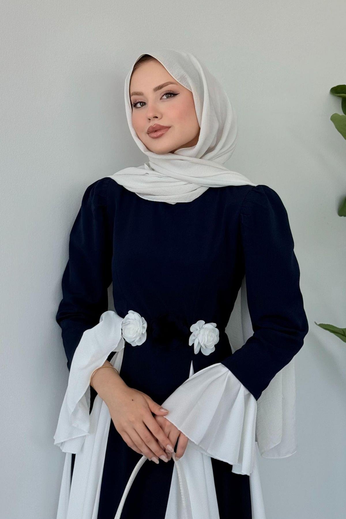 Kran Çift Renkli Elbise Lacivert, Fiyatları Kran Çift Renkli Elbise Lacivert- Haza Moda