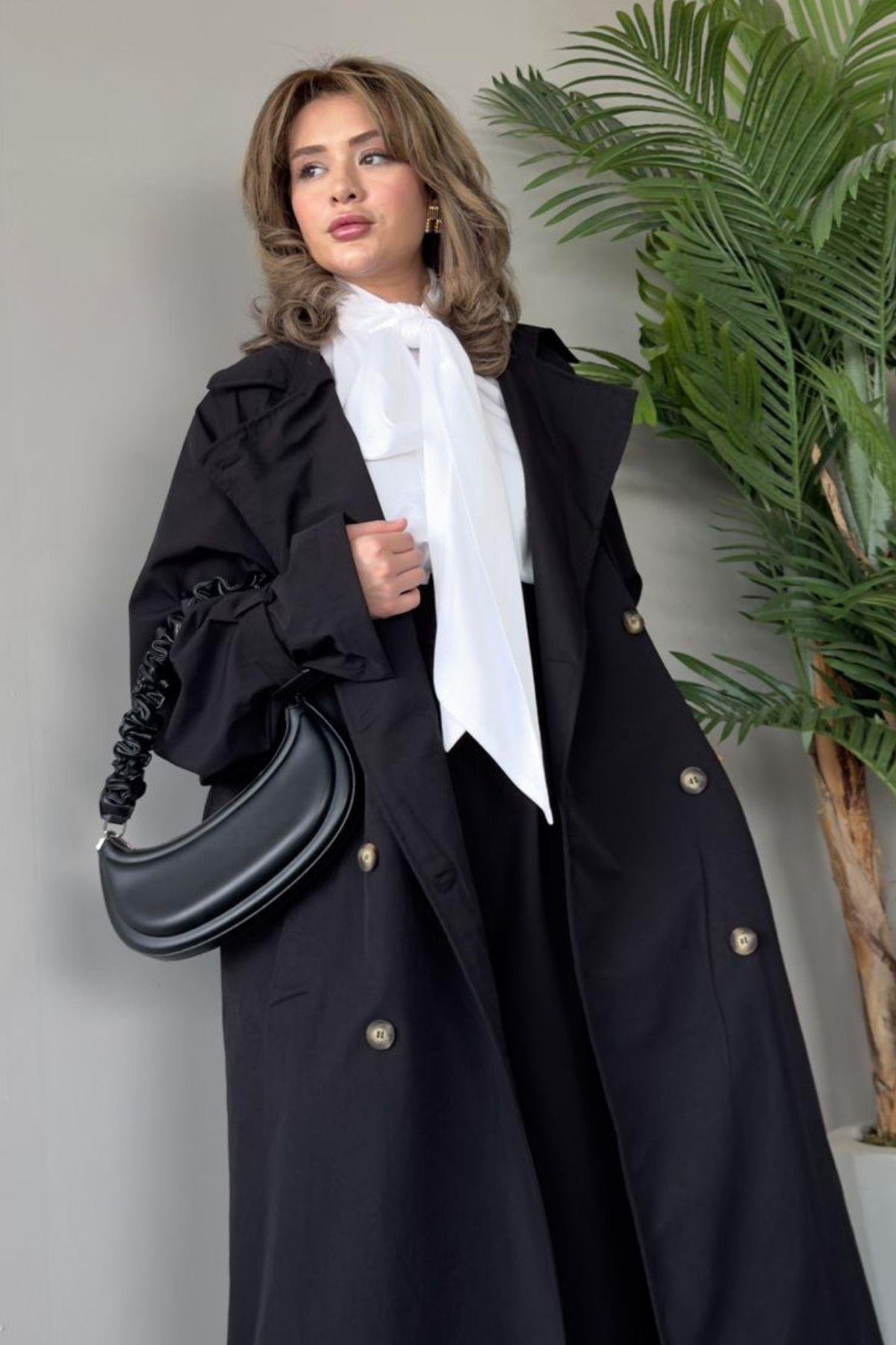 Kruvaze Yaka Belden Kemerli Trençkot  Siyah, Fiyatları 