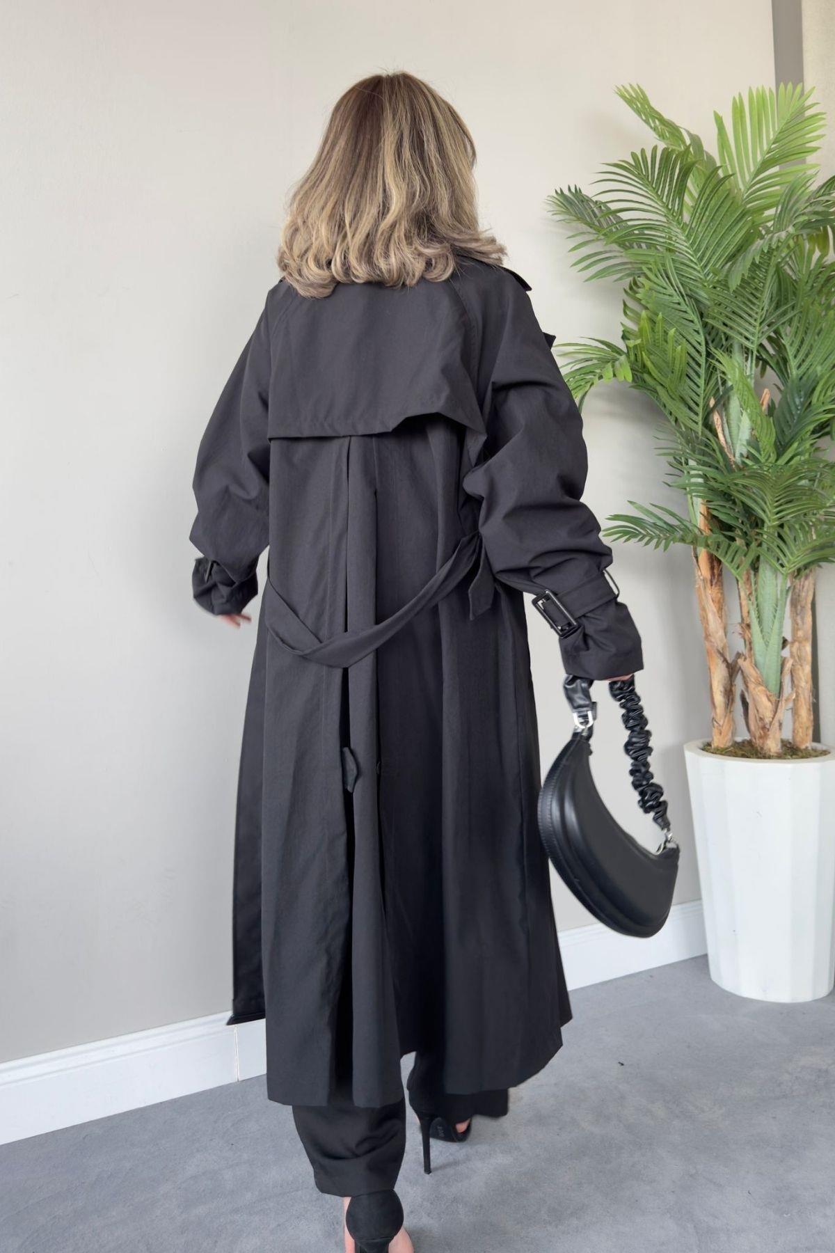 Kruvaze Yaka Belden Kemerli Trençkot  Siyah, Fiyatları 