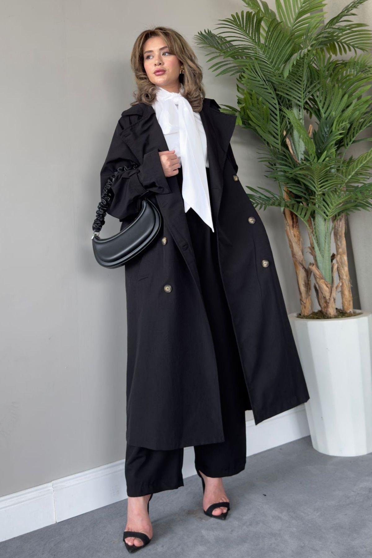 Kruvaze Yaka Belden Kemerli Trençkot  Siyah, Fiyatları 