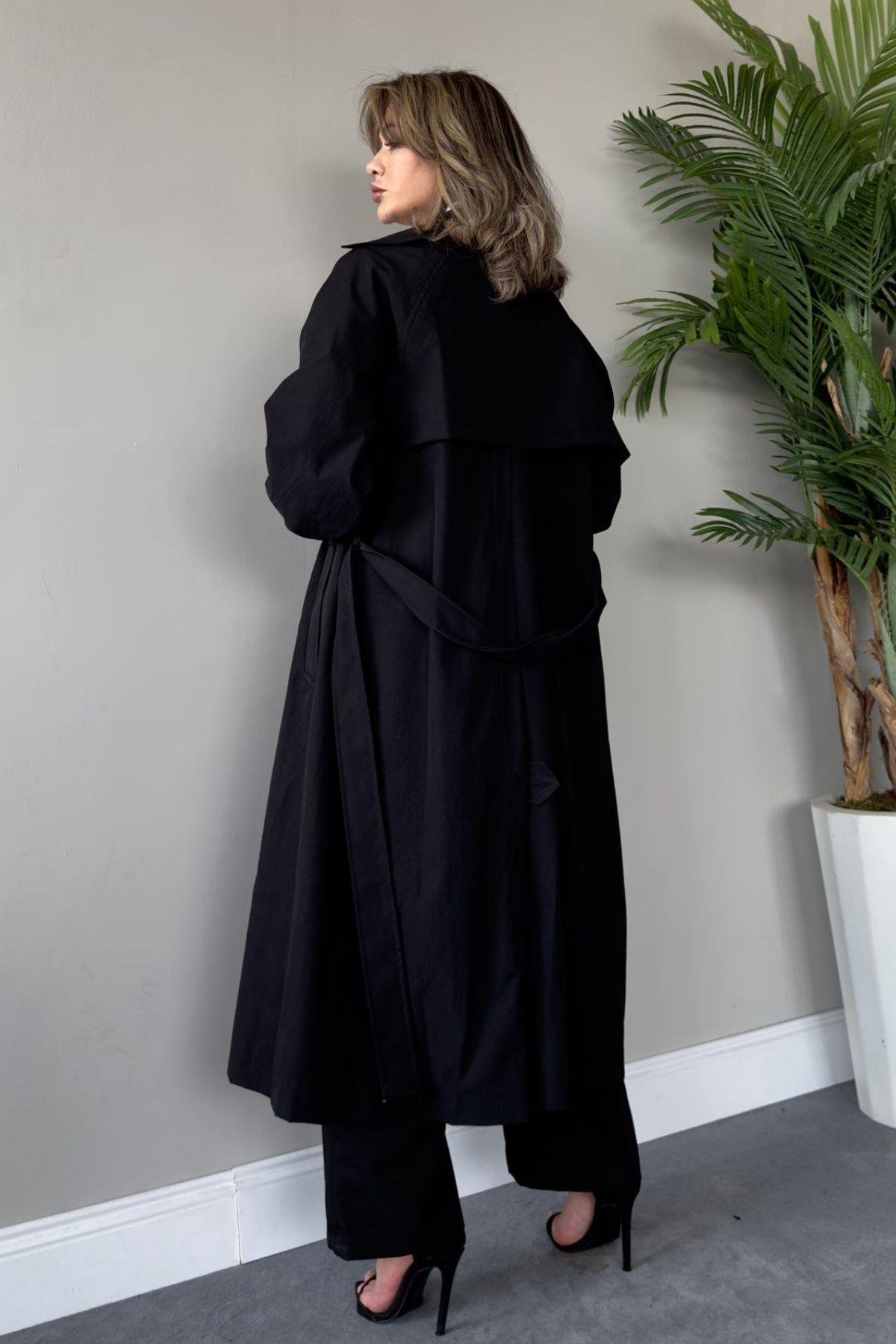 Kruvaze Yaka Belden Kemerli Trençkot  Siyah, Fiyatları 