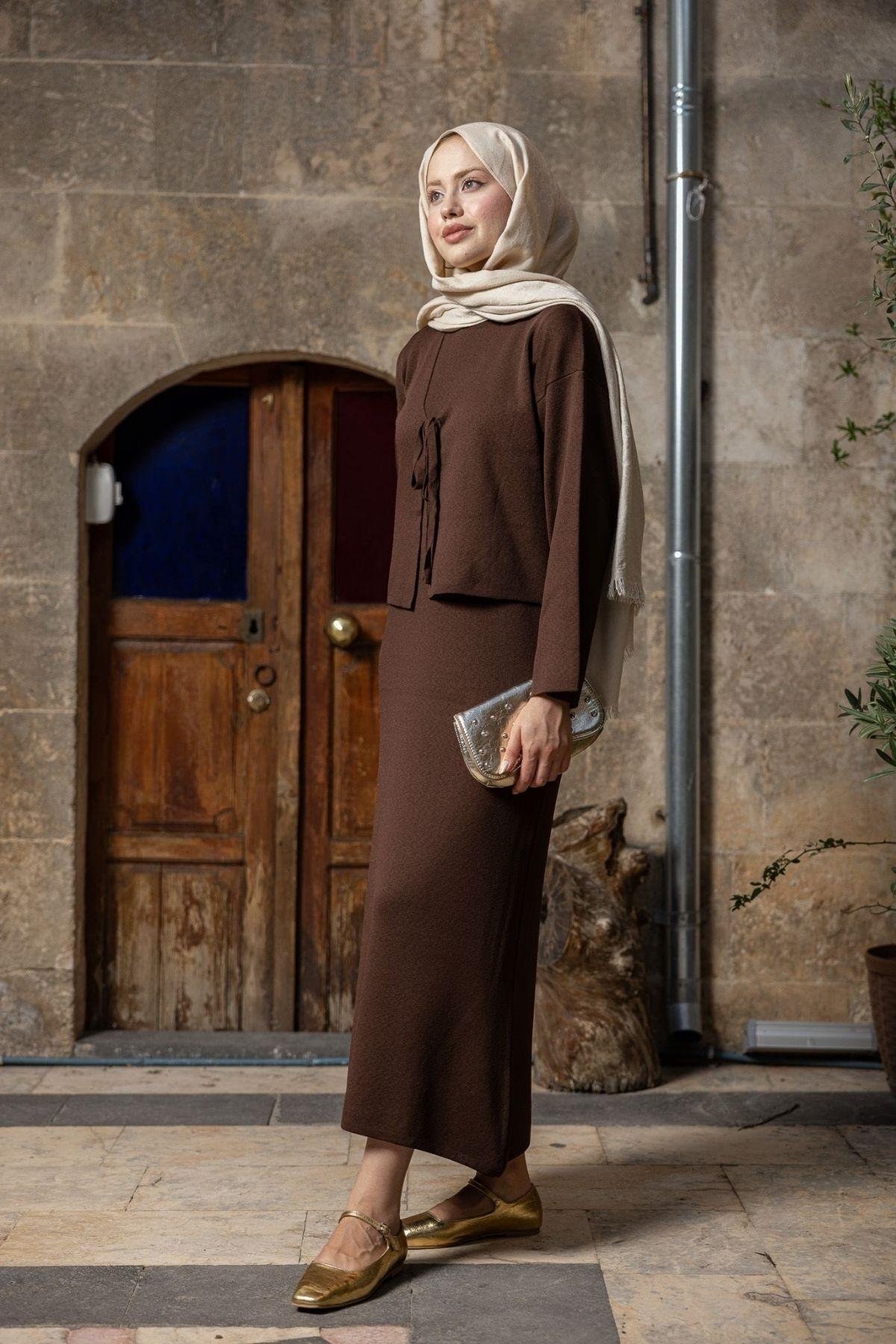 Kuğu Croplu Triko Elbise Kahve, Fiyatları Kuğu Croplu Triko Elbise Kahve- Haza Moda