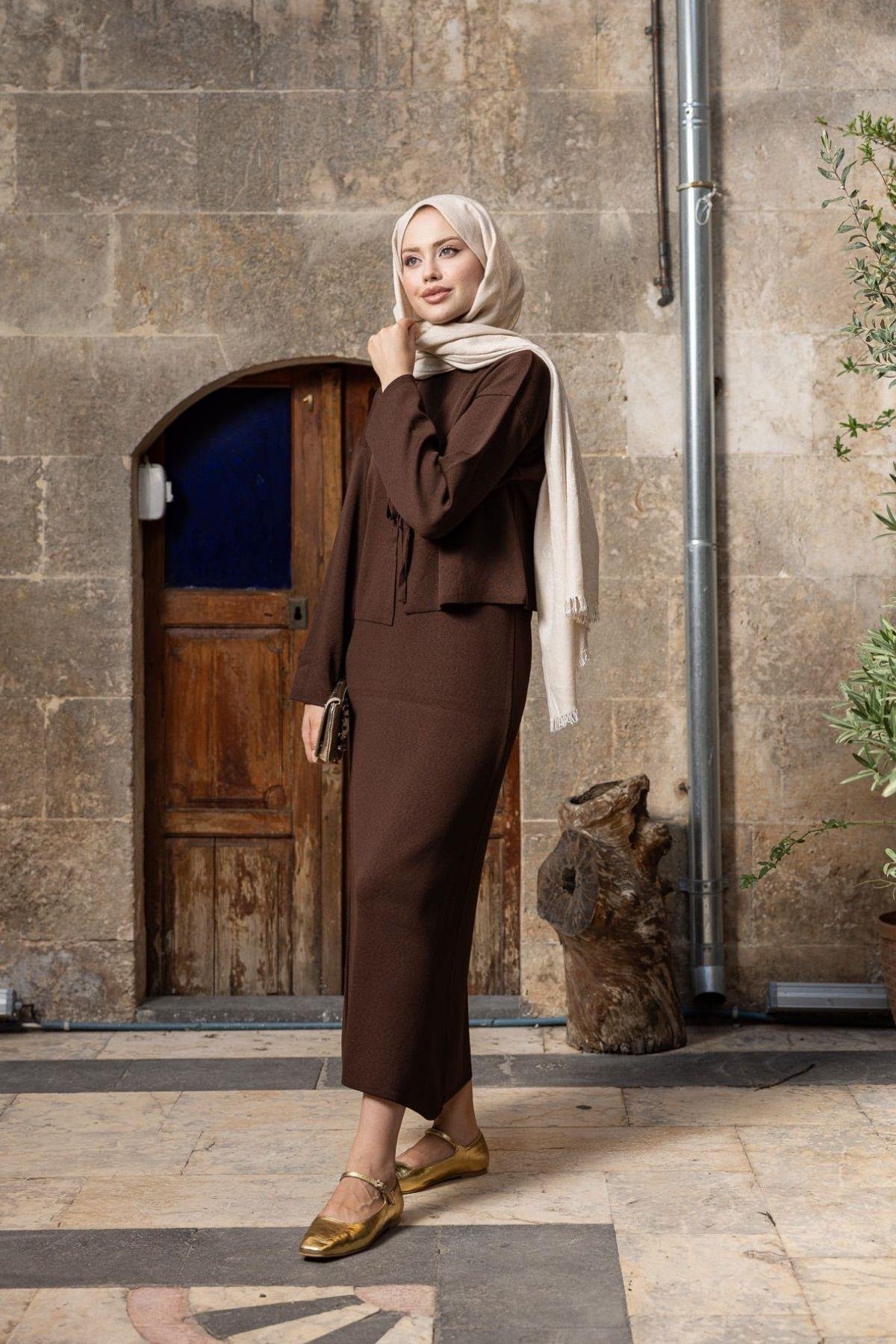 Kuğu Croplu Triko Elbise Kahve, Fiyatları Kuğu Croplu Triko Elbise Kahve- Haza Moda