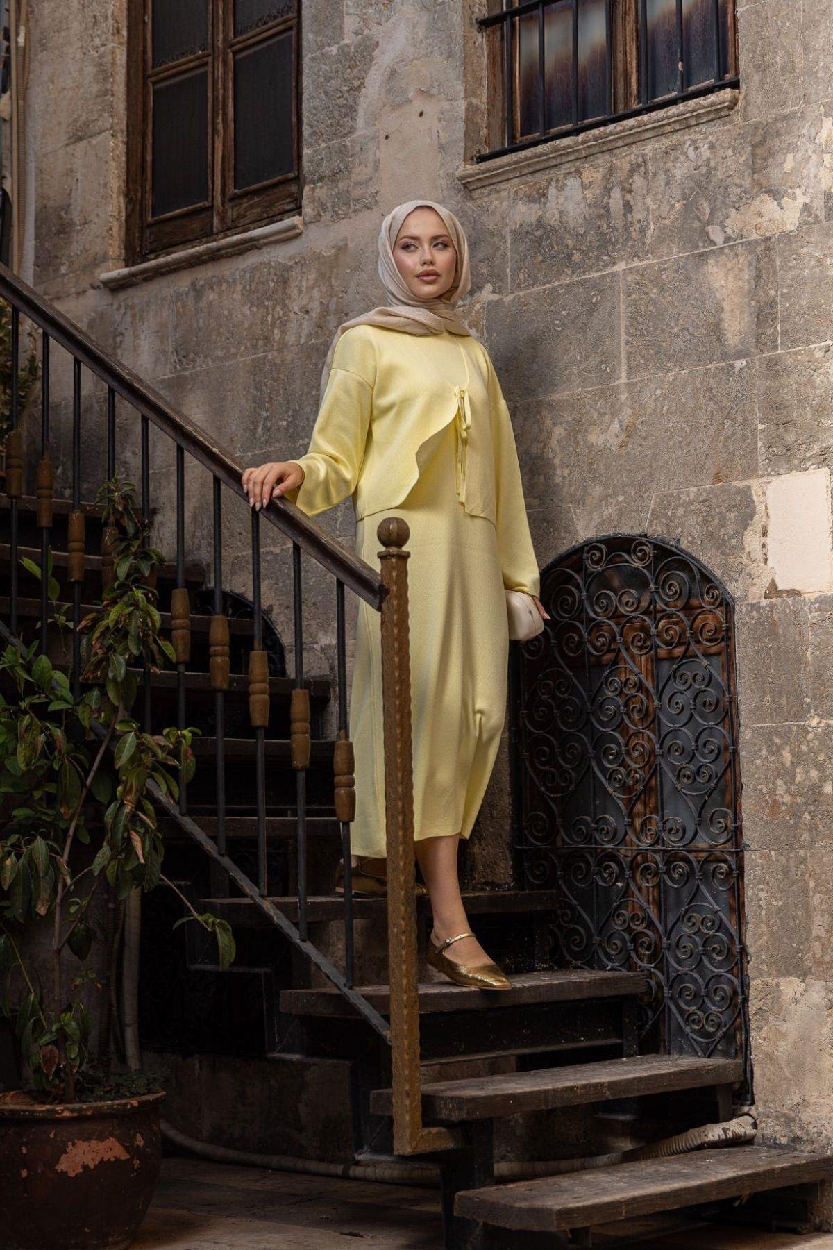 Kuğu Croplu Triko Elbise Sarı, Fiyatları Kuğu Croplu Triko Elbise Sarı- Haza Moda