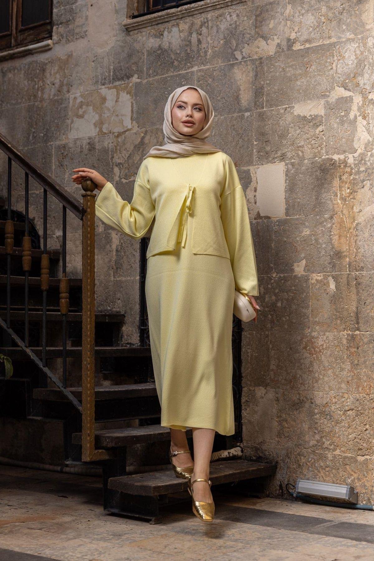 Kuğu Croplu Triko Elbise Sarı, Fiyatları Kuğu Croplu Triko Elbise Sarı- Haza Moda