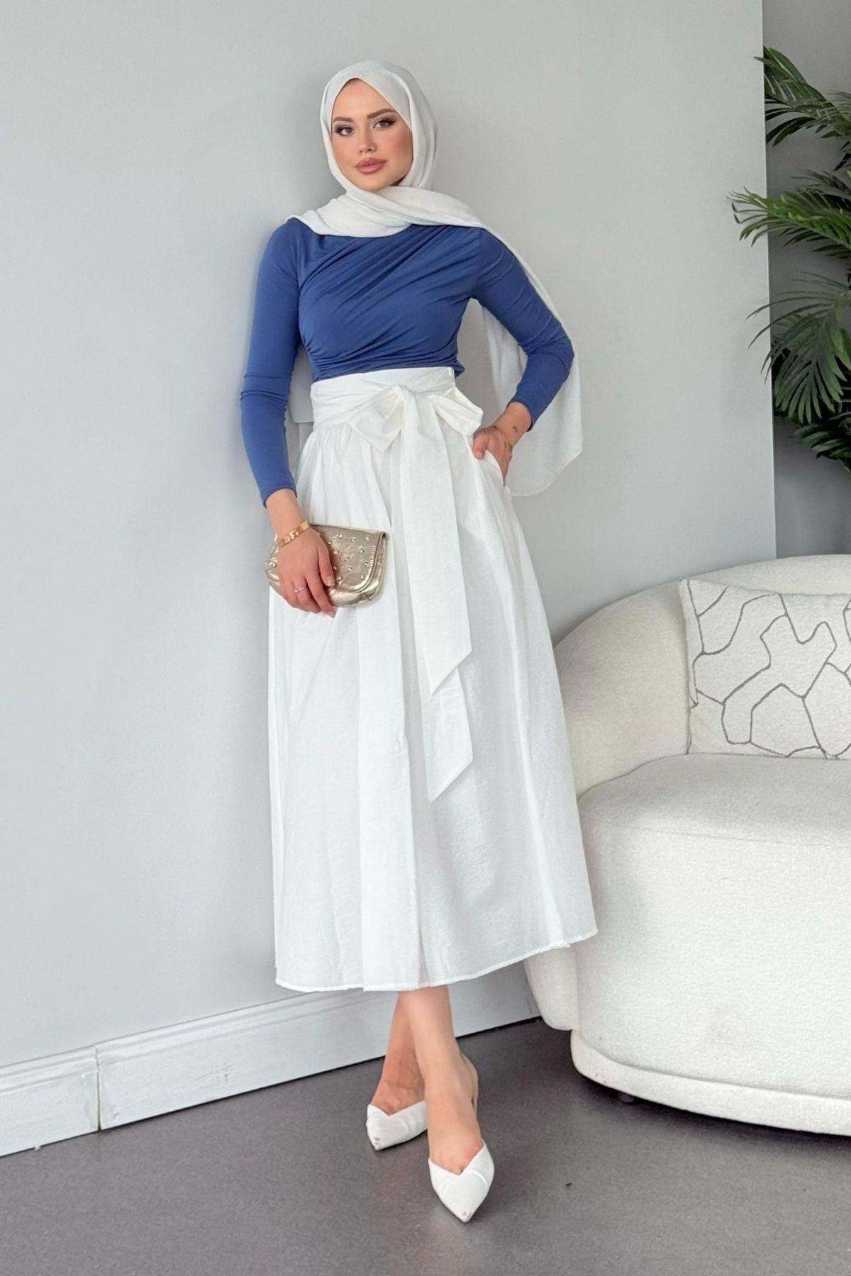 Kurdeleli Etek Beyaz, Fiyatları Kurdeleli Etek Beyaz - Haza Moda 