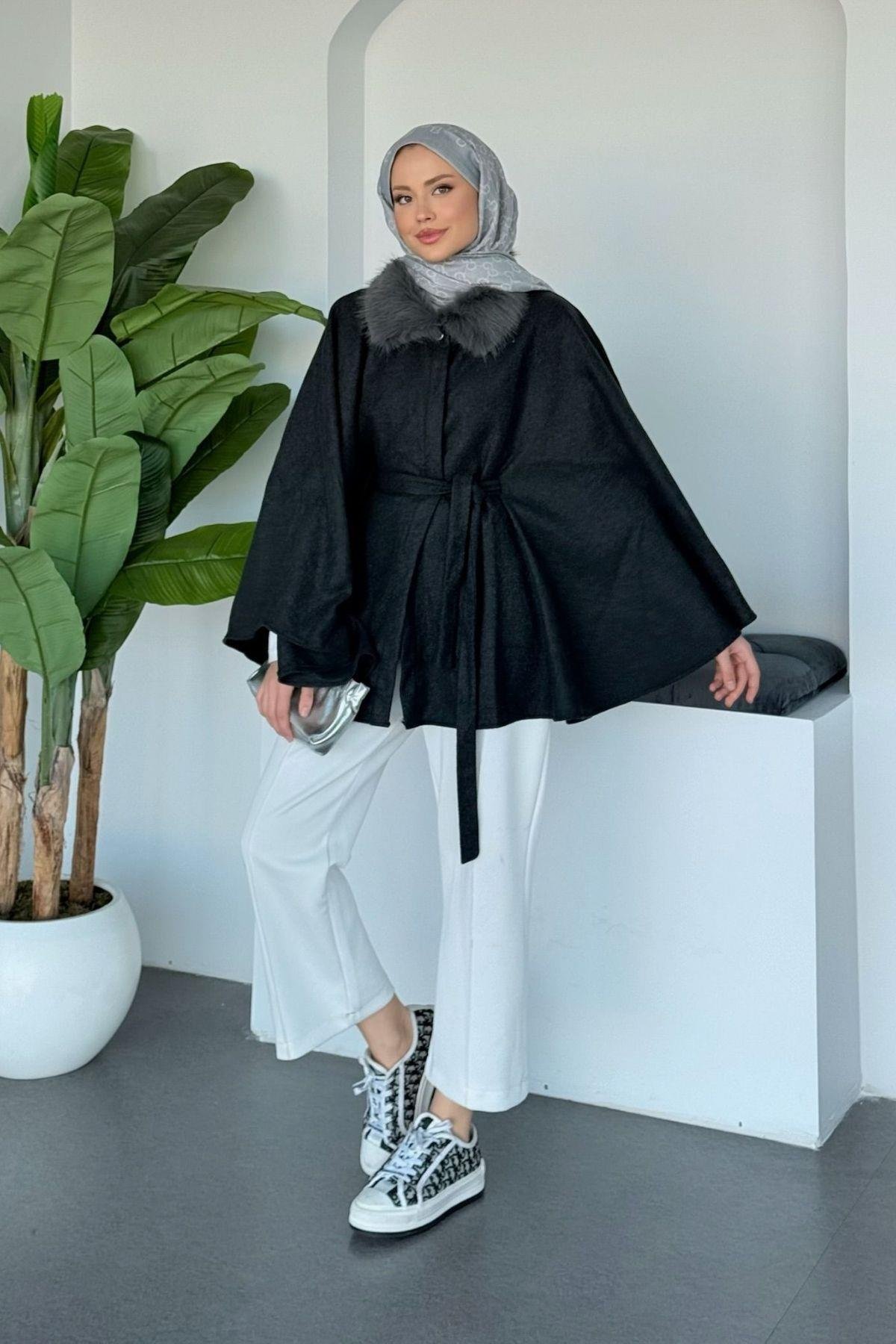 Kürk Yaka Panço Antrasit, Fiyatları Kürk Yaka Panço Antrasit| Haza Moda