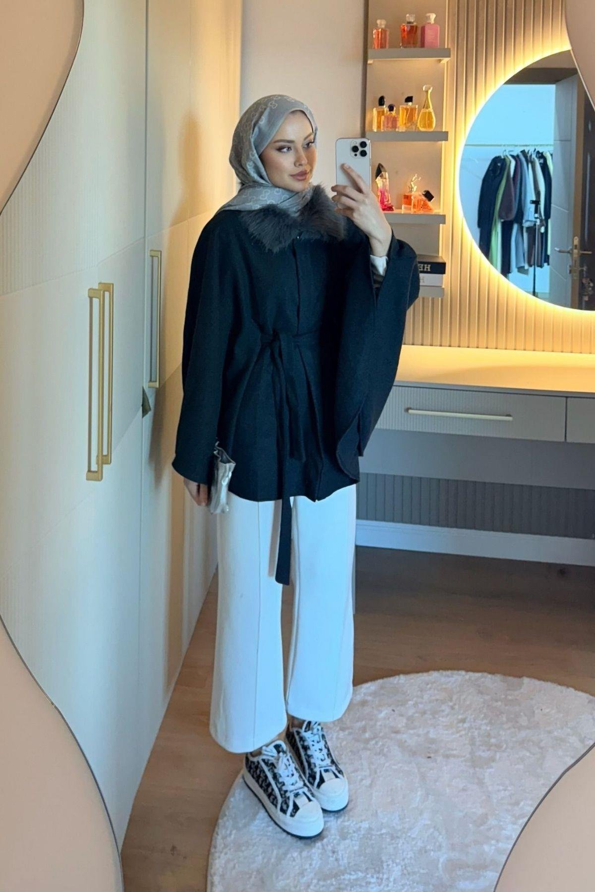 Kürk Yaka Panço Antrasit, Fiyatları Kürk Yaka Panço Antrasit| Haza Moda