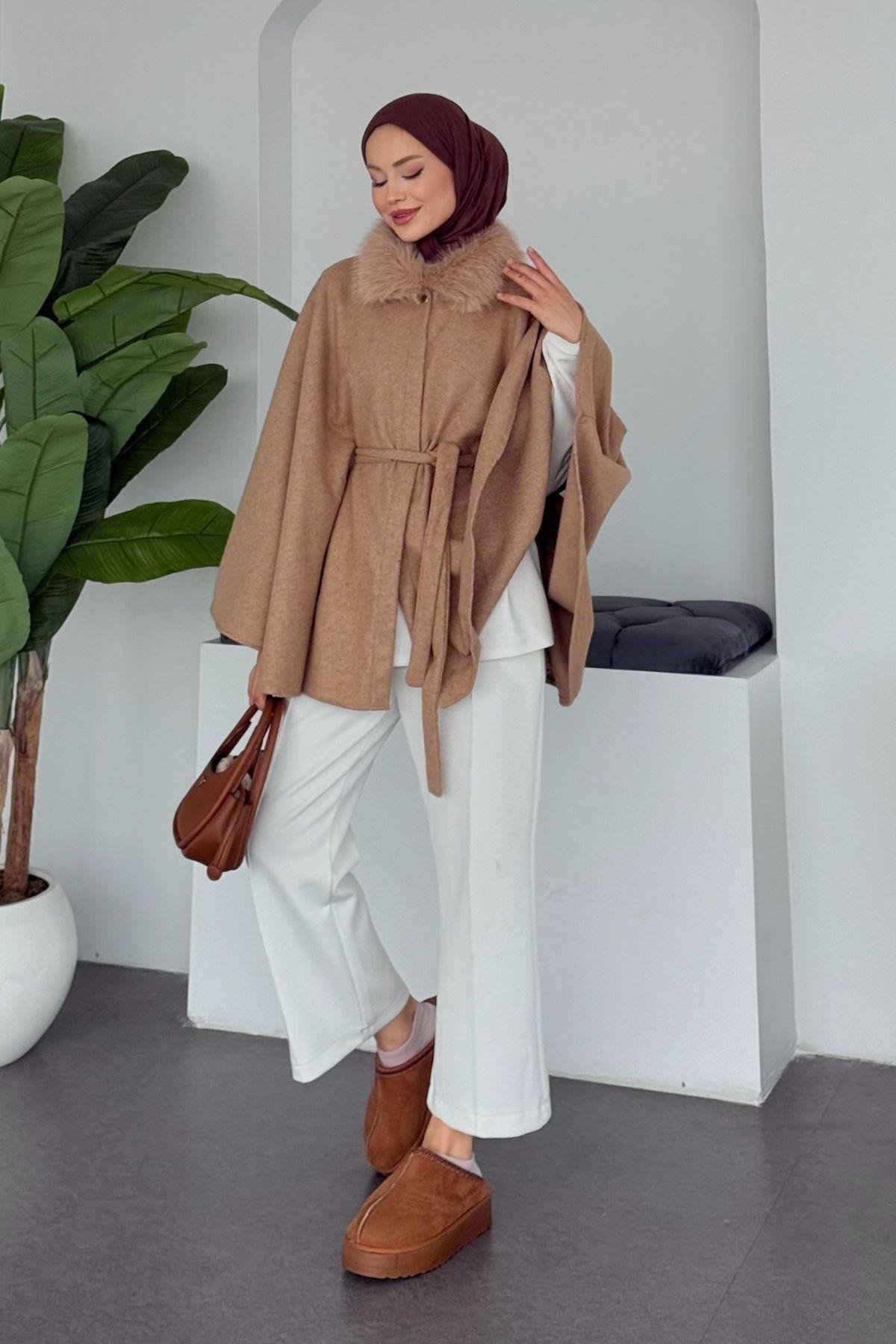 Kürk Yaka Panço Camel, Fiyatları Kürk Yaka Panço Camel- Haza Moda 