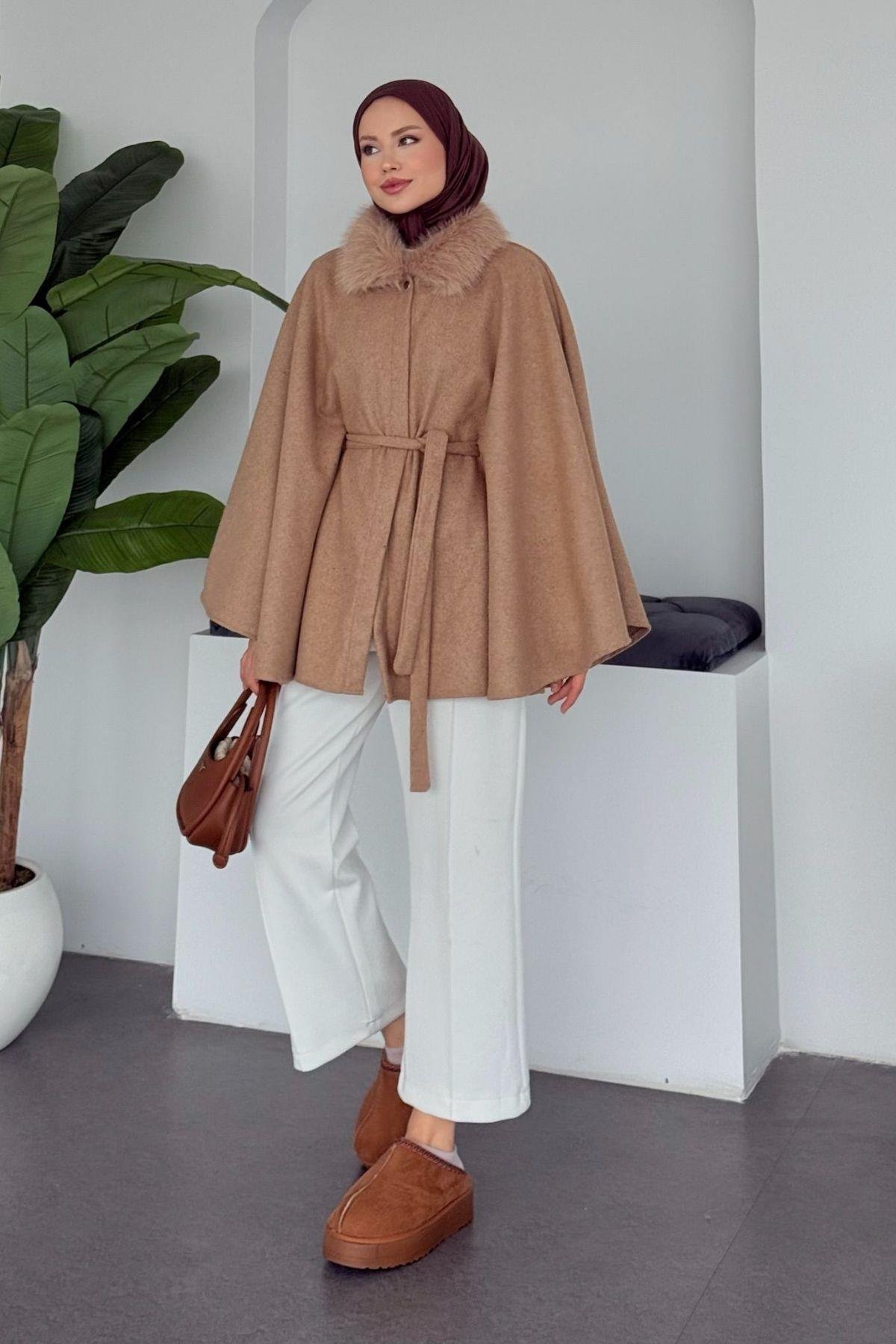 Kürk Yaka Panço Camel, Fiyatları Kürk Yaka Panço Camel- Haza Moda 