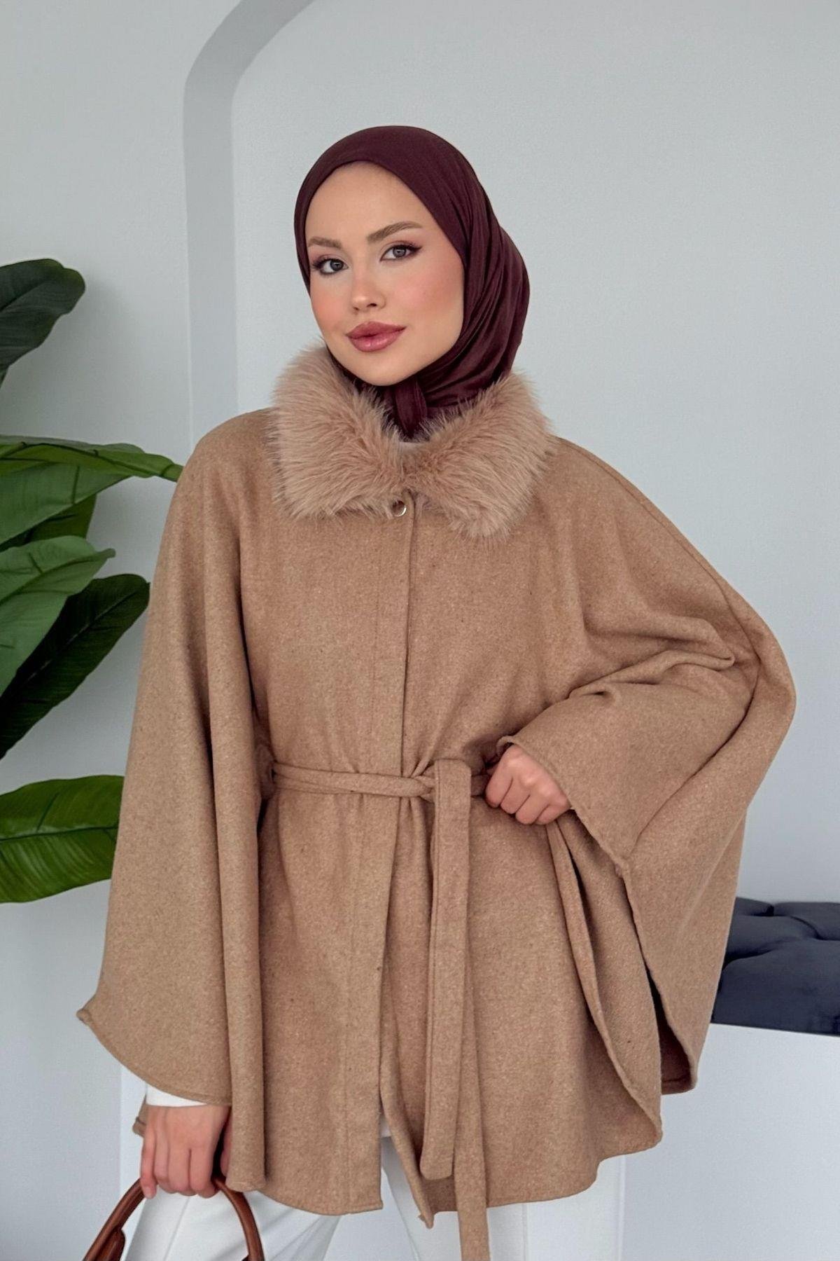Kürk Yaka Panço Camel, Fiyatları Kürk Yaka Panço Camel- Haza Moda 