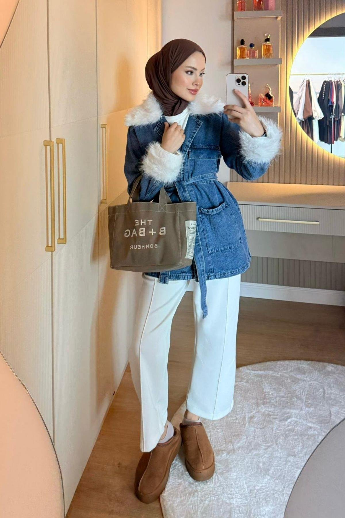 Kürklü Kot Ceket Beyaz, Fiyatları Kürklü Kot Ceket  Beyaz- Haza Moda 