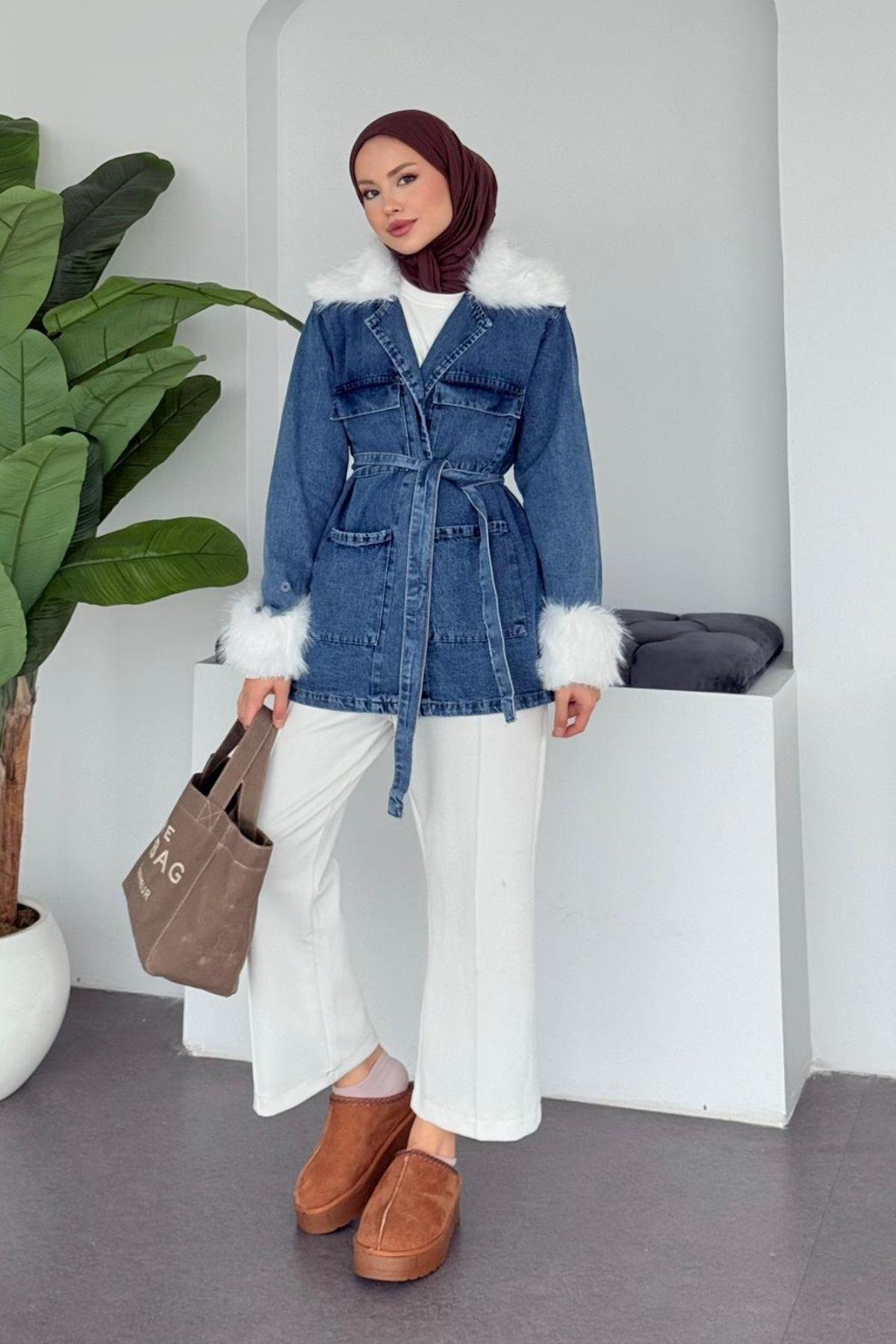 Kürklü Kot Ceket Beyaz, Fiyatları Kürklü Kot Ceket  Beyaz- Haza Moda 