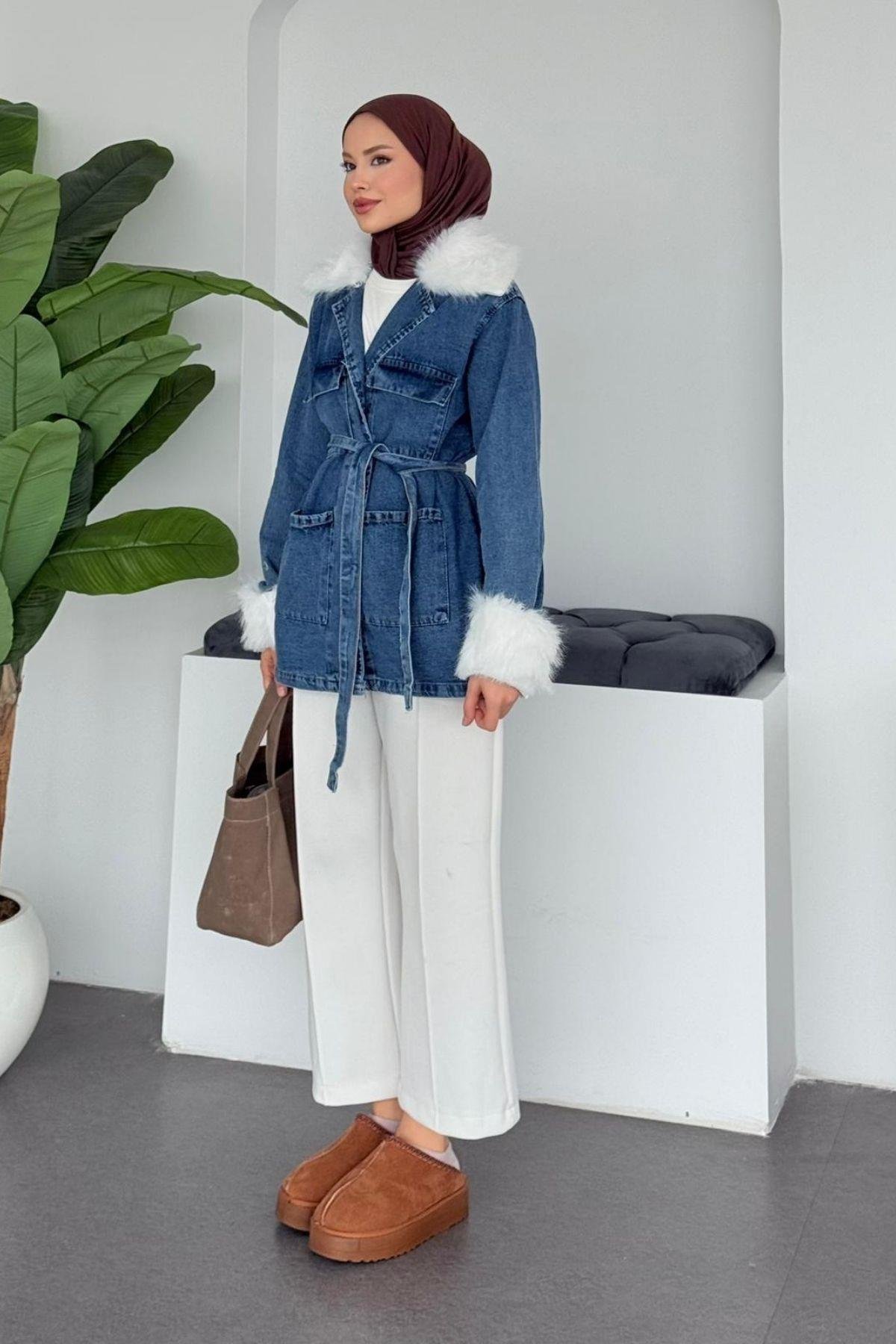 Kürklü Kot Ceket Beyaz, Fiyatları Kürklü Kot Ceket  Beyaz- Haza Moda 