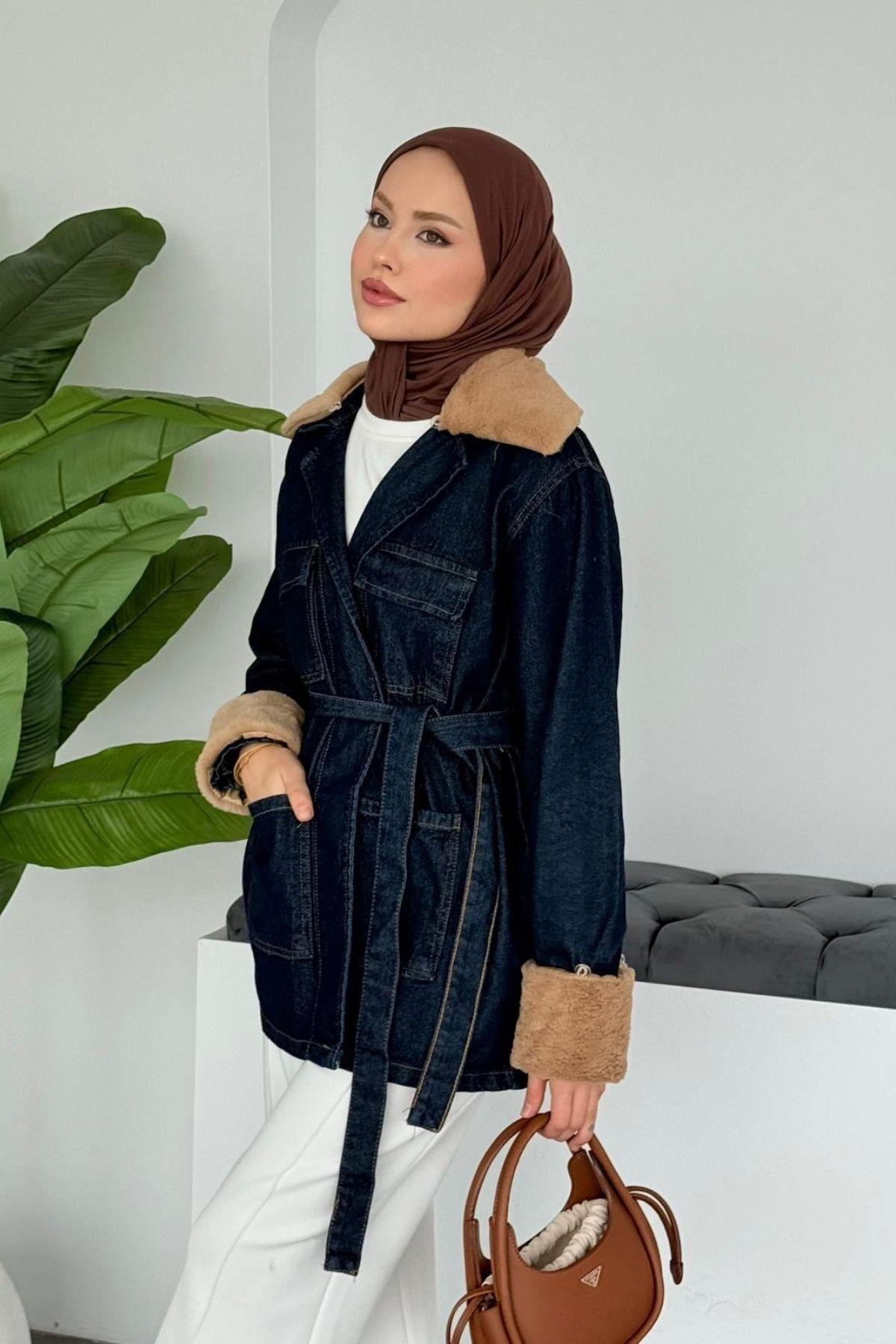 Kürklü Kot Ceket Koyu Mavi, Fiyatları Kürklü Kot Ceket  Koyu mavi- Haza Moda 