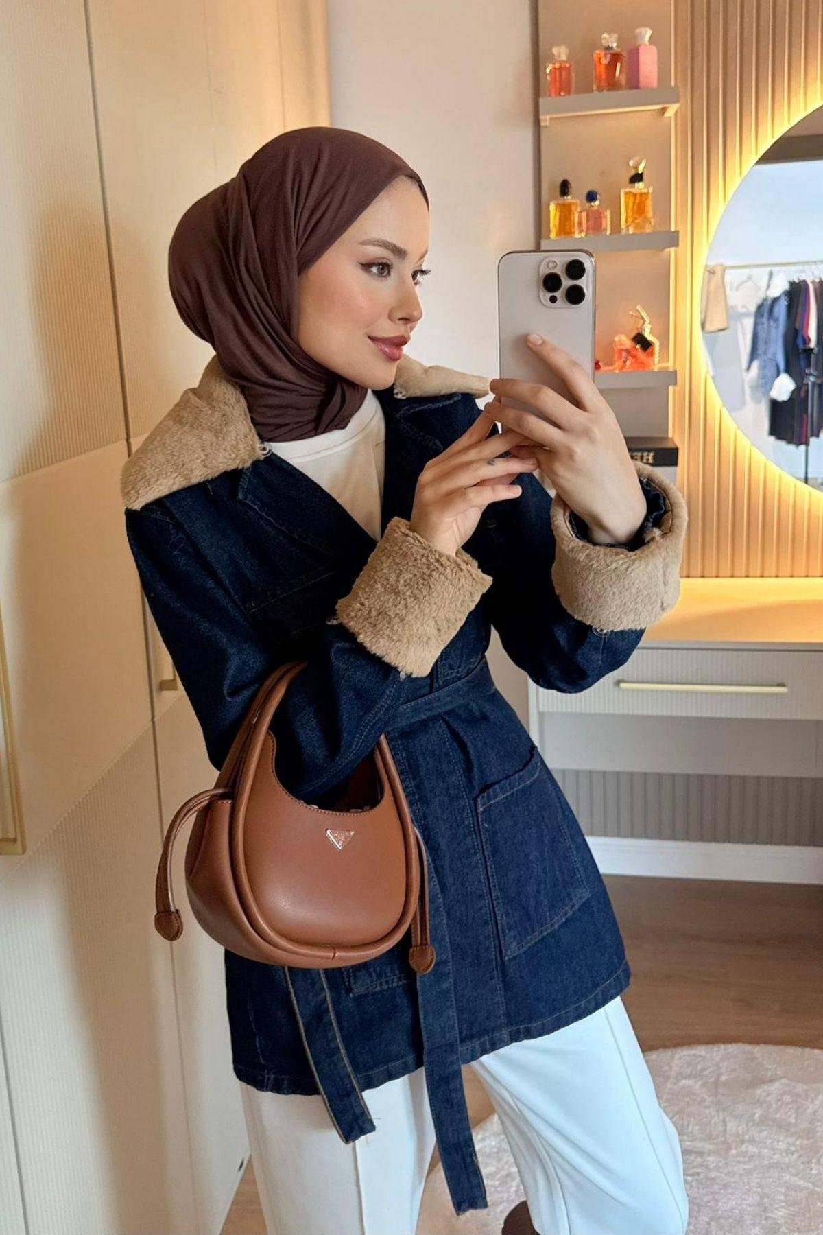 Kürklü Kot Ceket Koyu Mavi, Fiyatları Kürklü Kot Ceket  Koyu mavi- Haza Moda 