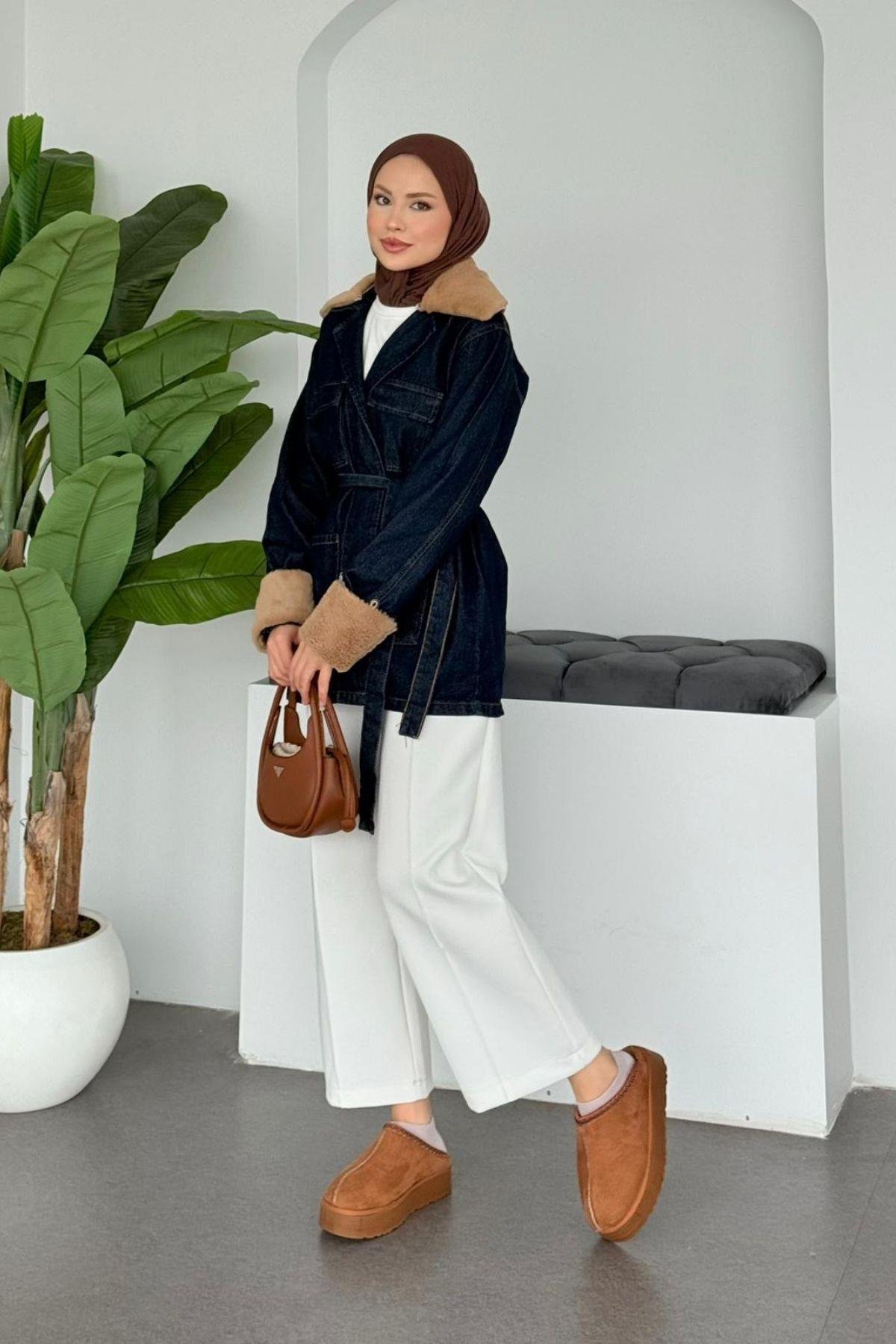 Kürklü Kot Ceket Koyu Mavi, Fiyatları Kürklü Kot Ceket  Koyu mavi- Haza Moda 