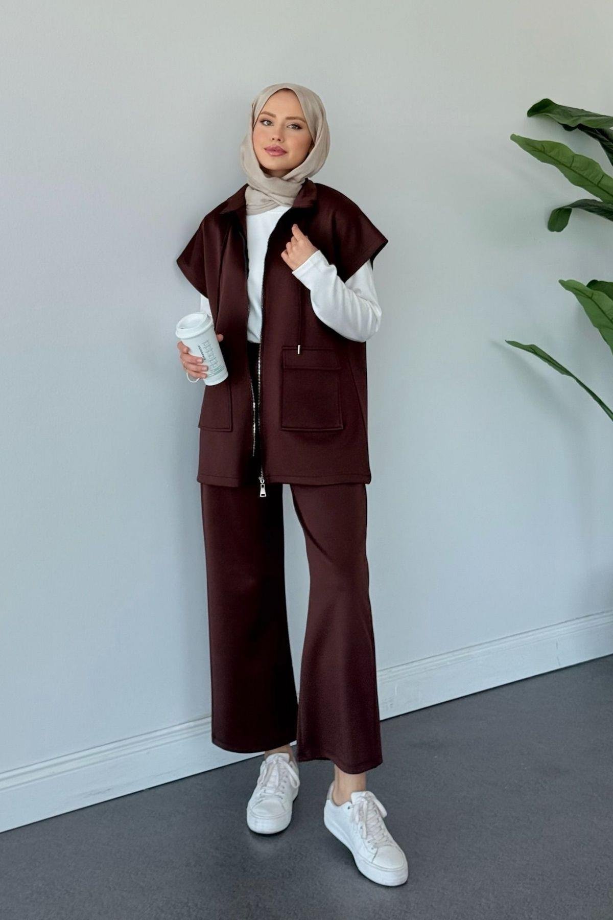 Laura Scuba Yelekli Takım Acı Kahve, Fiyatları Laura Scuba Yelekli Takım  Acı Kahve Haza Moda 