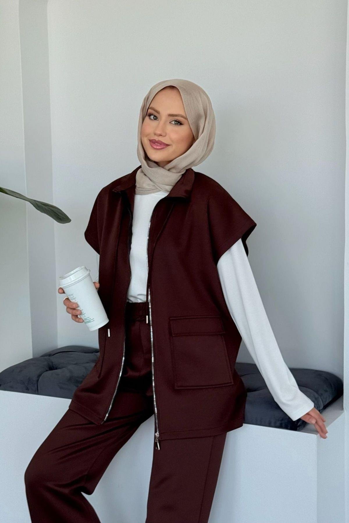 Laura Scuba Yelekli Takım Acı Kahve, Fiyatları Laura Scuba Yelekli Takım  Acı Kahve Haza Moda 