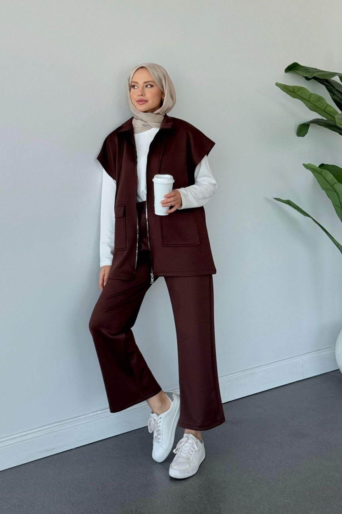 Laura Scuba Yelekli Takım Acı Kahve, Fiyatları Laura Scuba Yelekli Takım  Acı Kahve Haza Moda 