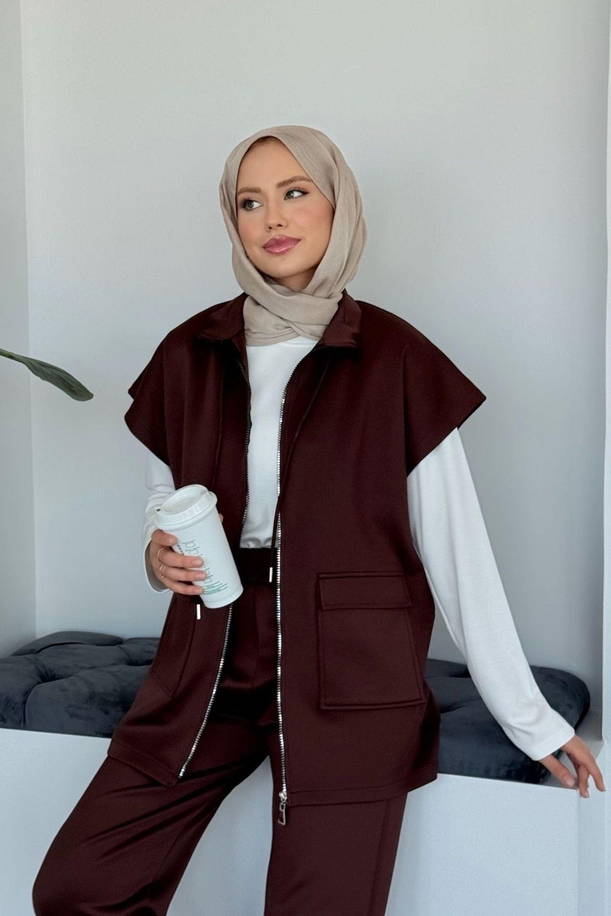 Laura Scuba Yelekli Takım Acı Kahve, Fiyatları Laura Scuba Yelekli Takım  Acı Kahve Haza Moda 