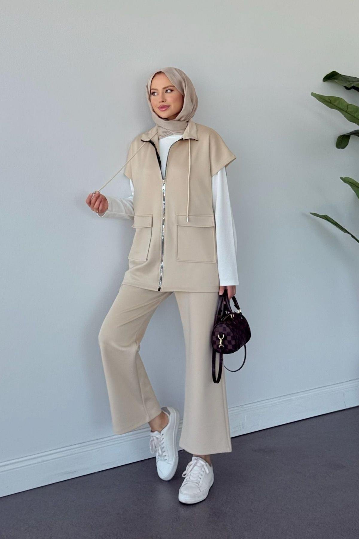 Laura Scuba Yelekli Takım Bej, Fiyatları Laura Scuba Yelekli Takım  Bej Haza Moda 