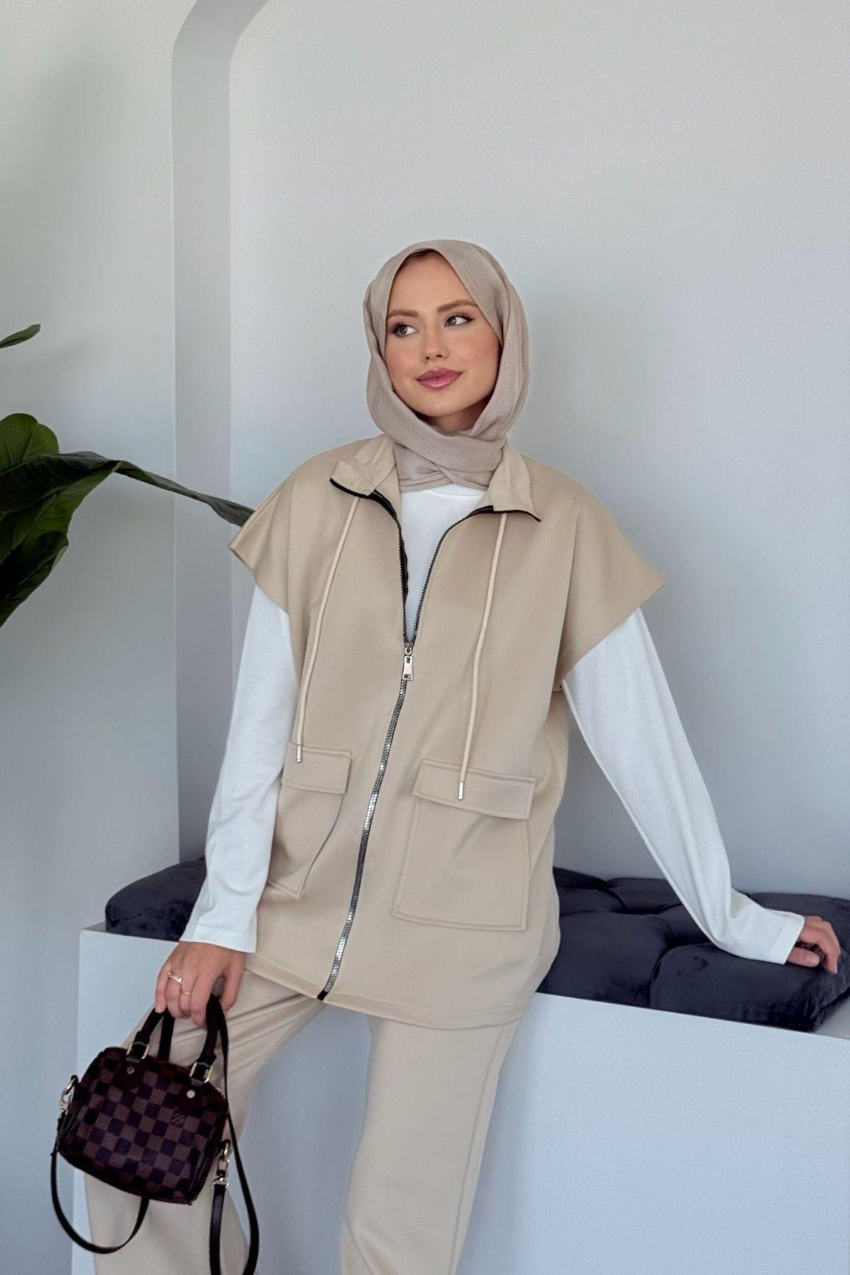 Laura Scuba Yelekli Takım Bej, Fiyatları Laura Scuba Yelekli Takım  Bej Haza Moda 