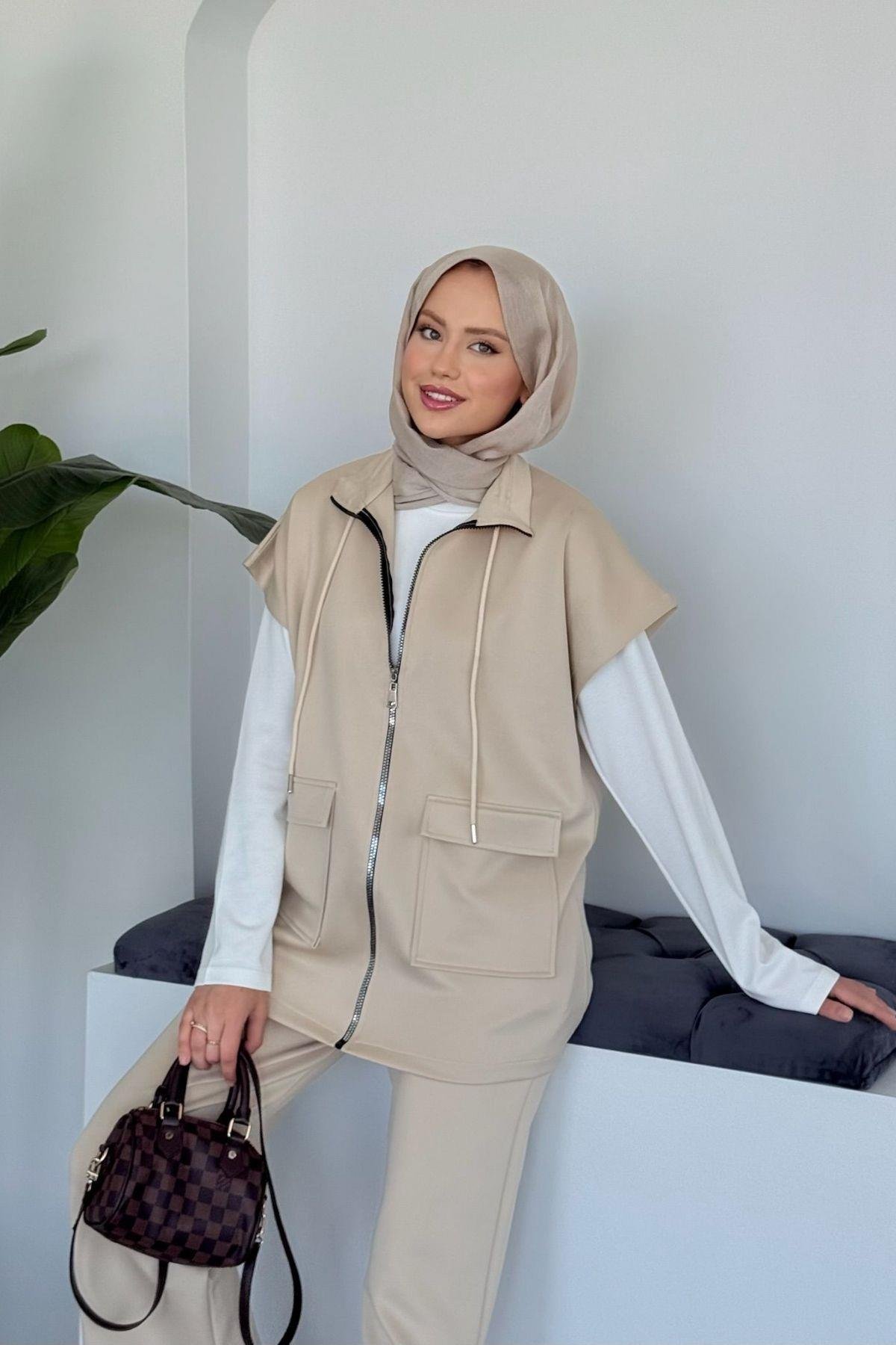 Laura Scuba Yelekli Takım Bej, Fiyatları Laura Scuba Yelekli Takım  Bej Haza Moda 