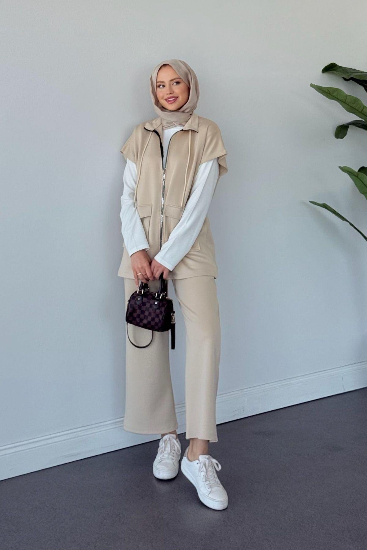 Laura Scuba Yelekli Takım Bej, Fiyatları Laura Scuba Yelekli Takım  Bej Haza Moda 