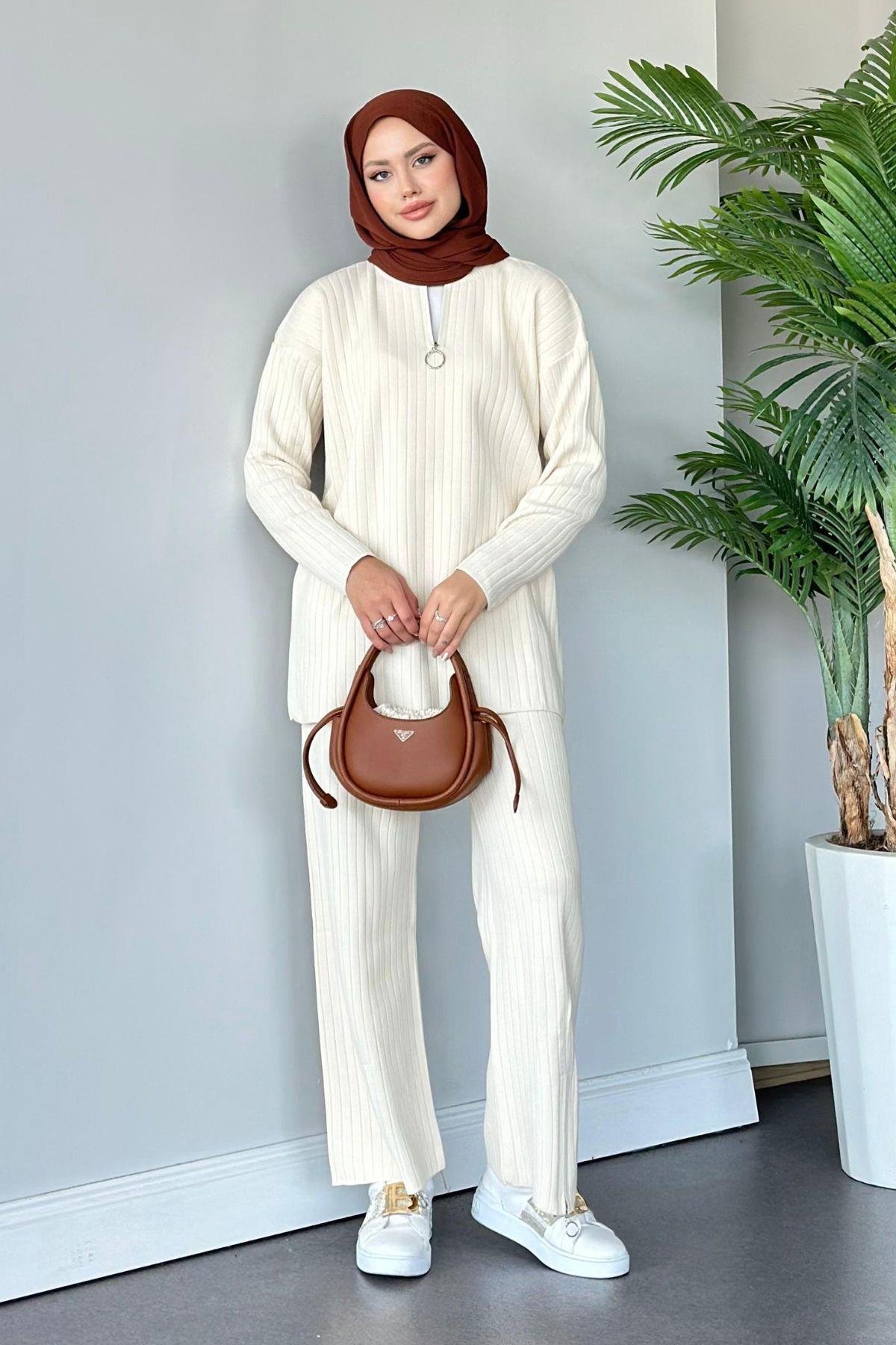 Lena Triko Takım Ekru, Fiyatları Haza Moda | Tesettür Giyim | Lena Triko Takım Ekru