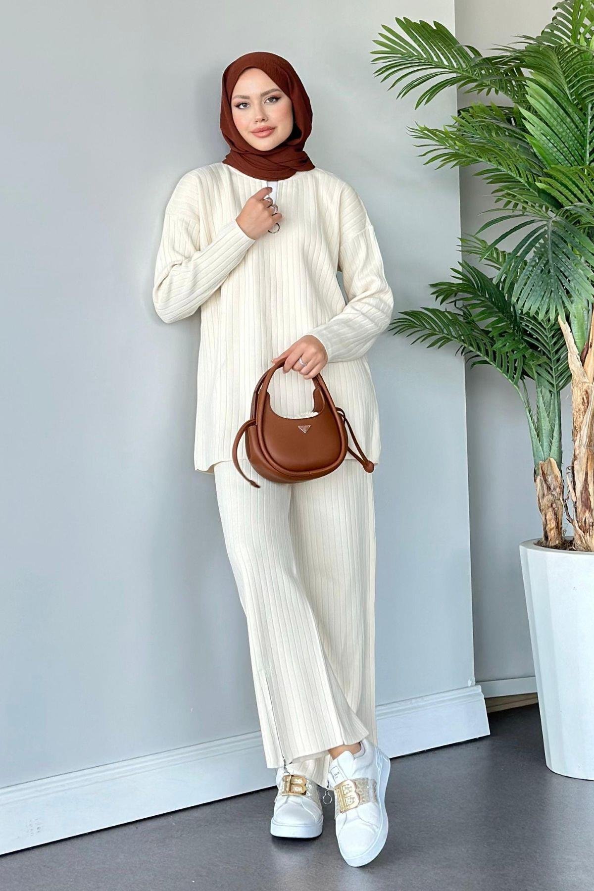 Lena Triko Takım Ekru, Fiyatları Haza Moda | Tesettür Giyim | Lena Triko Takım Ekru
