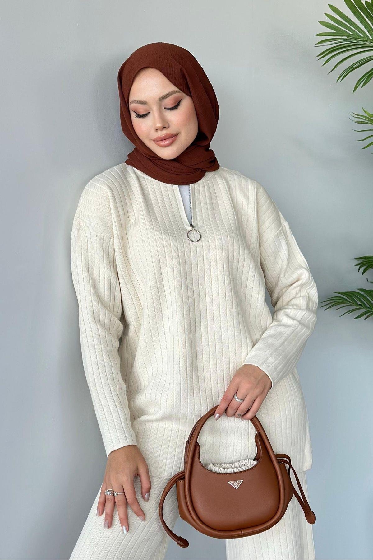 Lena Triko Takım Ekru, Fiyatları Haza Moda | Tesettür Giyim | Lena Triko Takım Ekru