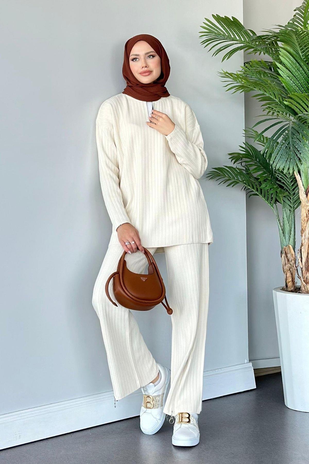 Lena Triko Takım Ekru, Fiyatları Haza Moda | Tesettür Giyim | Lena Triko Takım Ekru