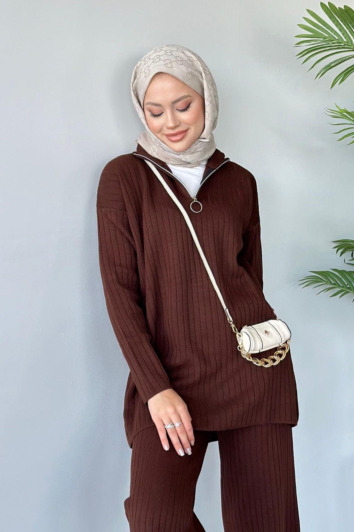 Lena Triko Takım Kahve, Fiyatları Haza Moda | Tesettür Giyim | Lena Triko Takım Kahve
